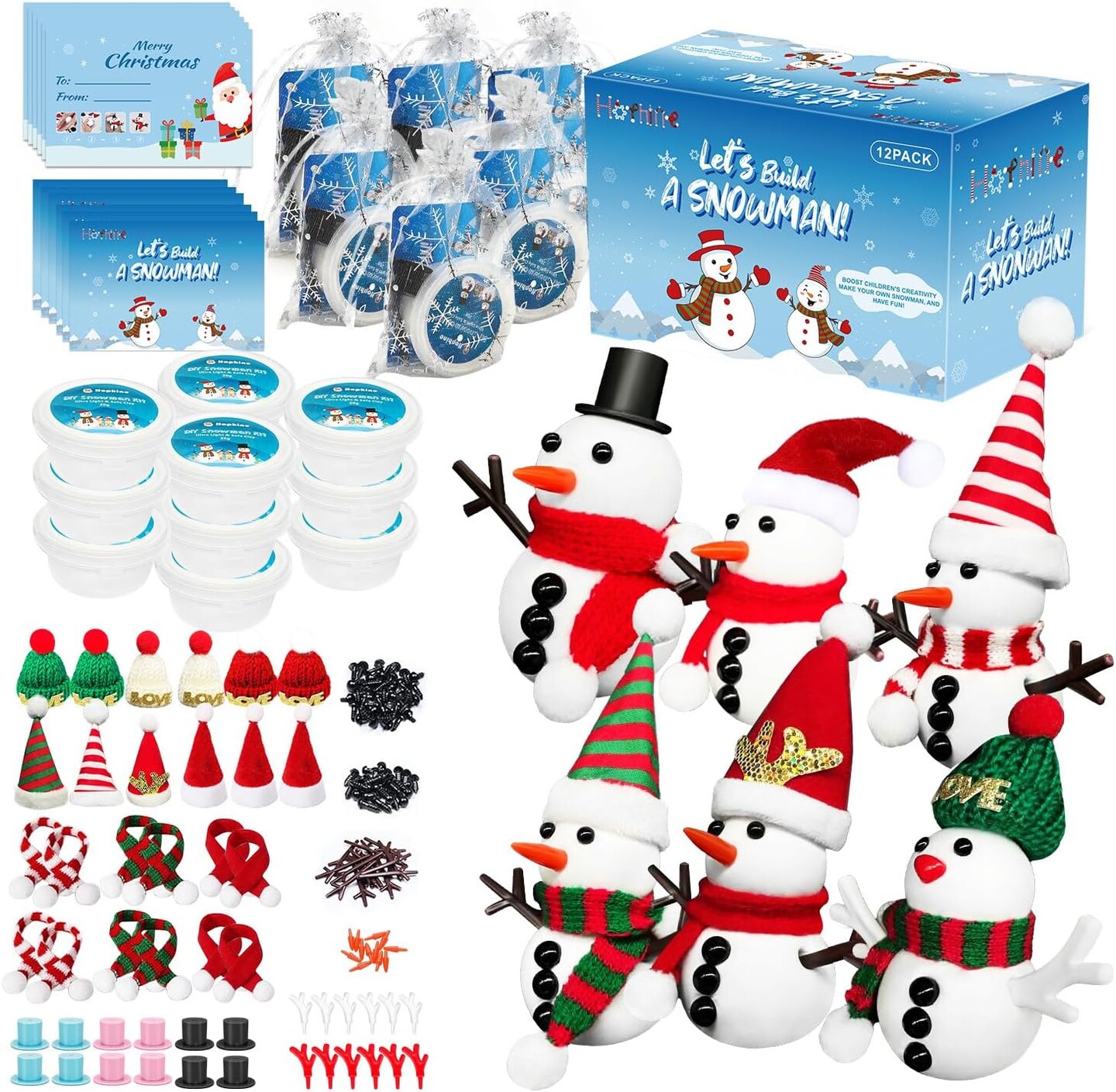 12Pack Build a Snowman Kit, Molding Clay Snowman Kit, Christmas DIY Crafts for Kids, Perfect for Winter Holiday Parties, Christmas Stocking Stuffers for Kids - Xmas Gift!