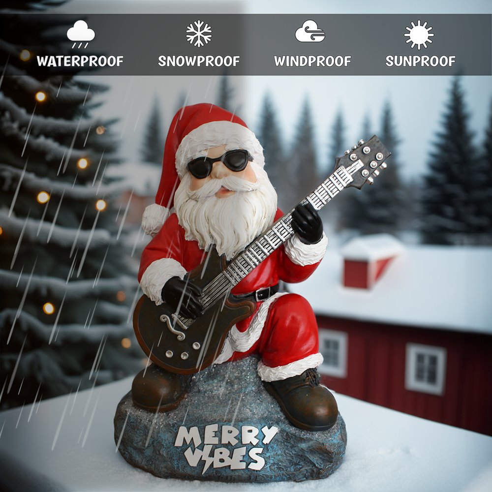 Merry Vibes Rockstar Santa Christmas Figurine, 10&#x22; Rock n Roll Lover Gift Garden Statue