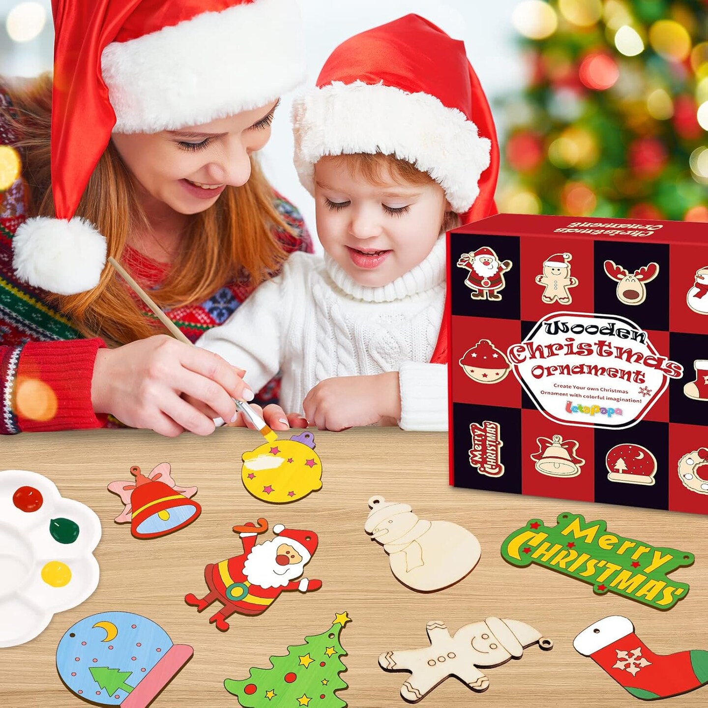 Christmas Crafts for Kids,36 Pcs Wooden Christmas Ornaments with Ropes for Hanging Decoration, 12 Styles Unfinished Wood Slices with Hole, DIY Ornament Craft for Boys &#x26; Girls Aged 5 6 7 8 9 10 11 12