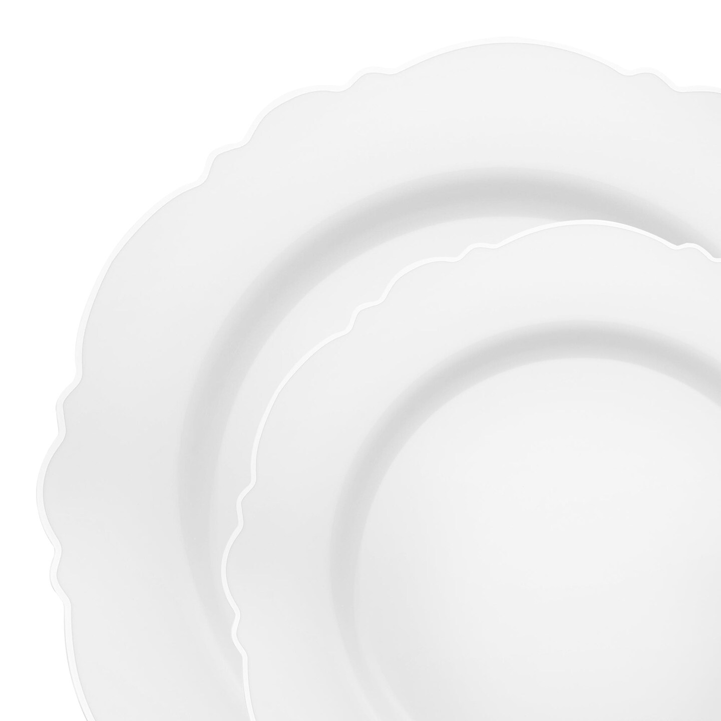 White with Silver Rim Round Blossom Disposable Plastic Dinnerware Value Set (120 Guests)