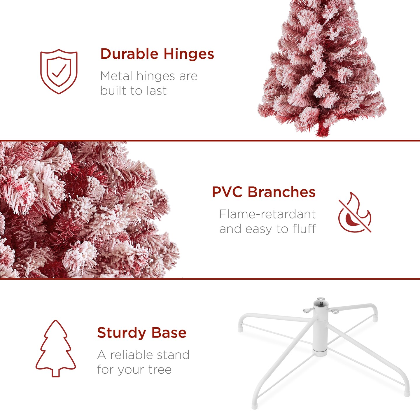 Best Choice Products Pre-Lit Red Christmas Pine Tree w/ Flocked Branches, Warm-White Lights