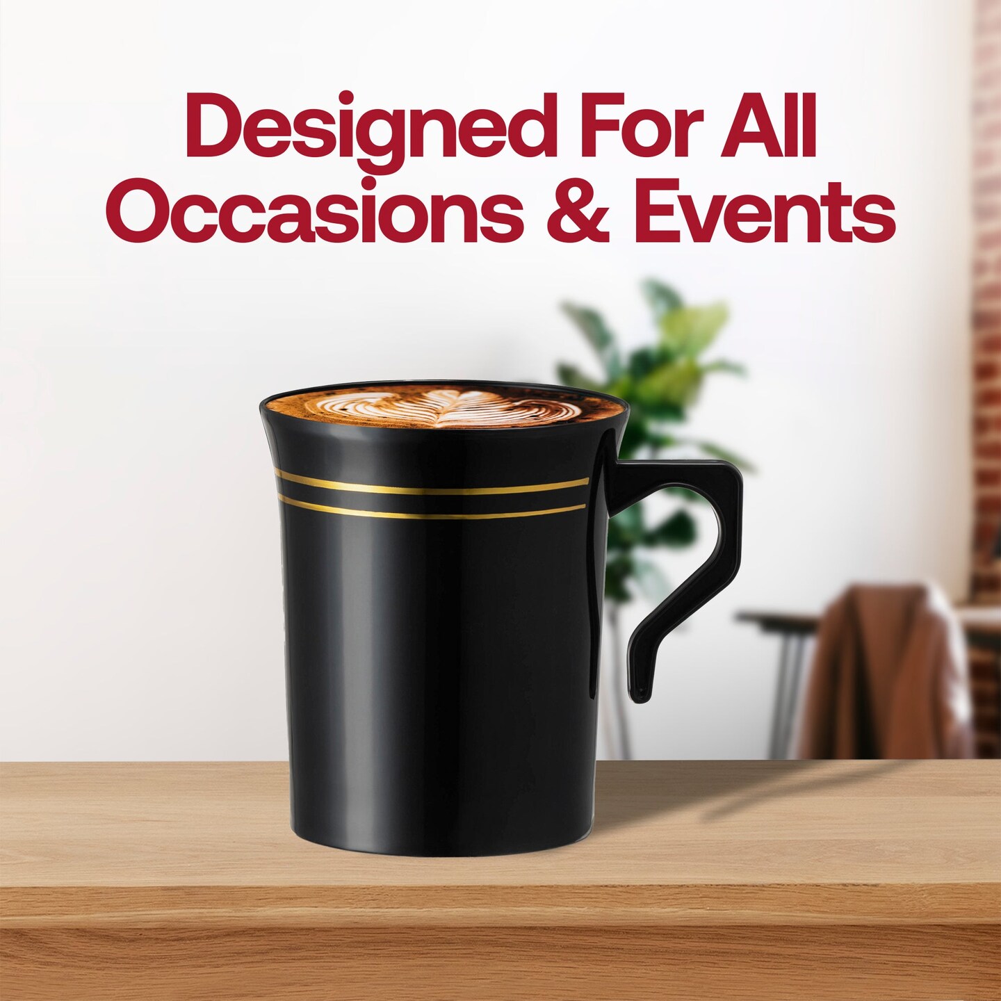 Black with Gold Edge Rim Round Plastic Coffee Mugs - 8 oz. (120 Mugs)