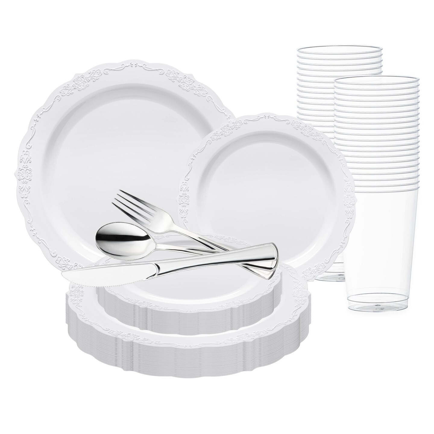 White Vintage Round Disposable Plastic Wedding Value Set (20 Settings)