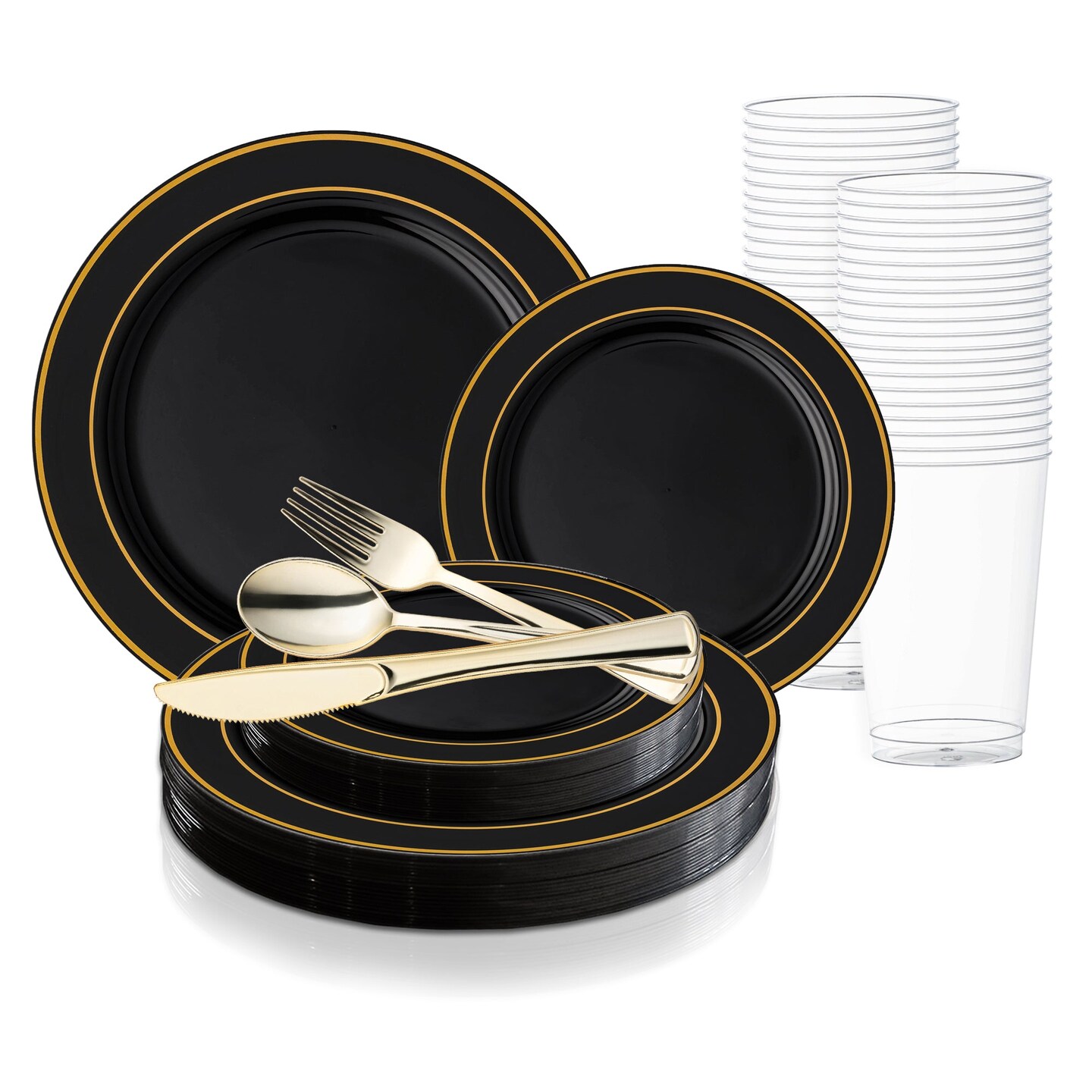 Black with Gold Edge Rim Plastic Wedding Value Set (20 Settings)