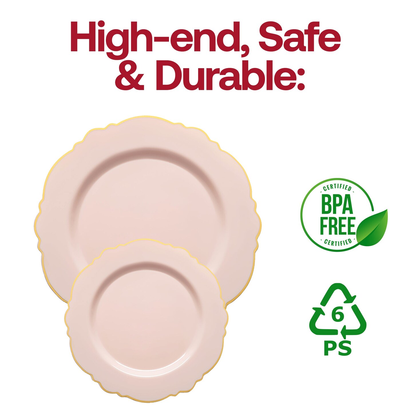 Pink with Gold Rim Round Blossom Disposable Plastic Dinner Plates - 10.25" (120 Plates)