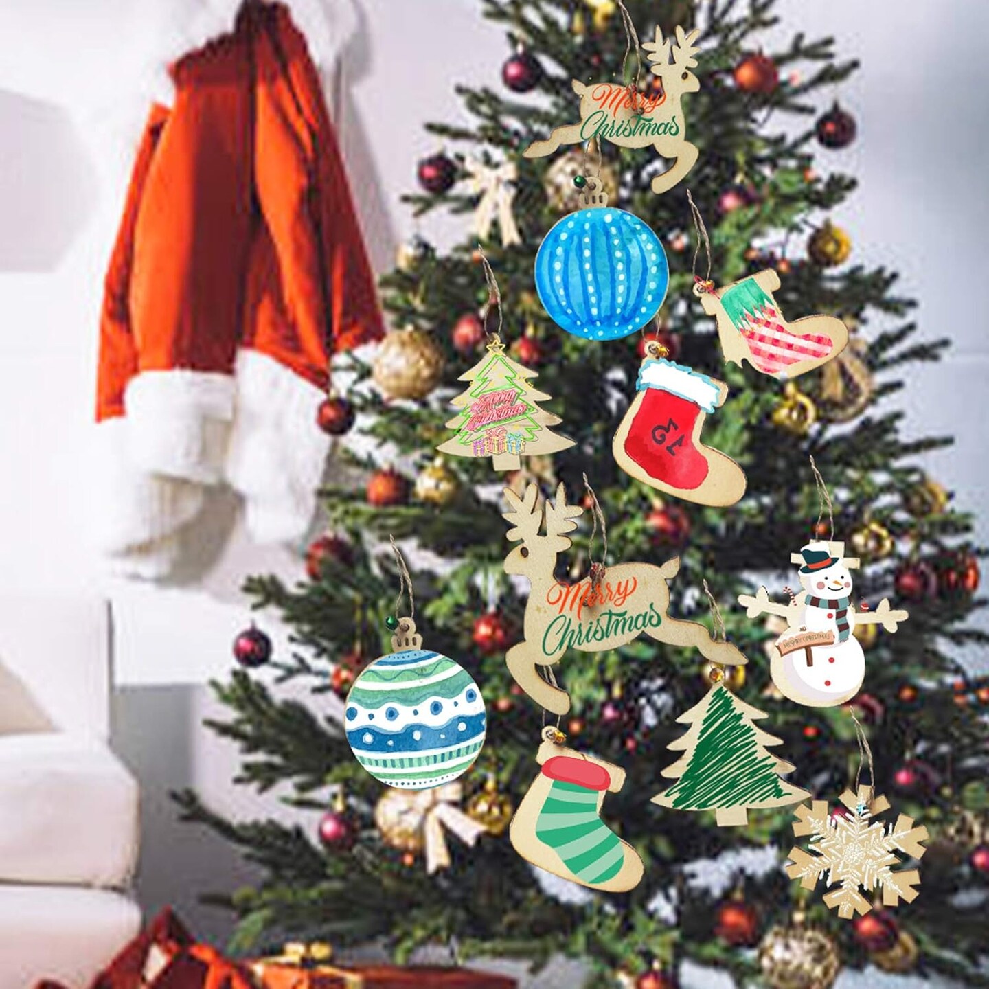 166pcs Wooden Christmas Ornaments Unfinished, Wooden Ornaments to Paint for Christmas Tree Decorations Holiday Hanging Decorations with Bells, Rope and Colorful Makers
