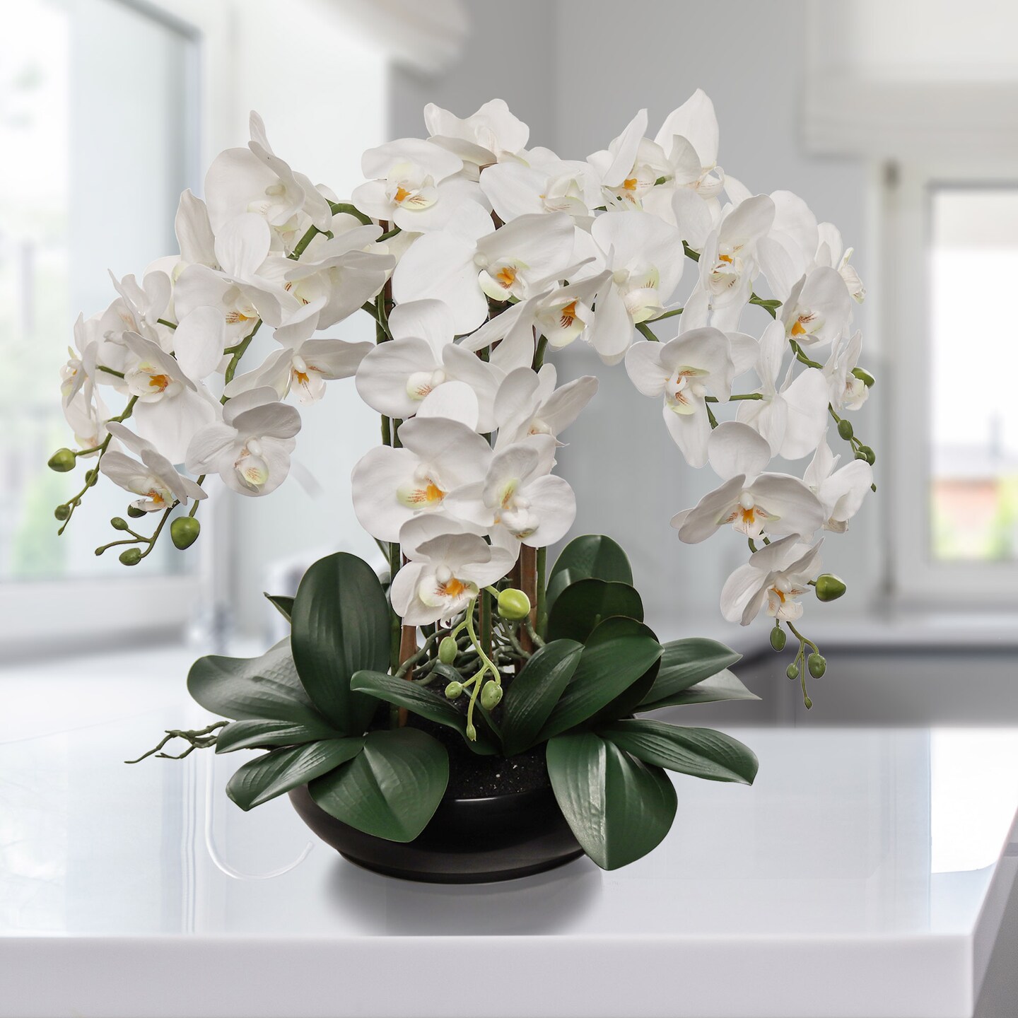 20-Inch White Phalaenopsis Orchid Arrangement &#x2013; Lifelike Artificial Flowers with Natural Leaf Details in Modern Black Pot for Elegant Home &#x26; Office Decor, Floral Home by Artificial Flowers