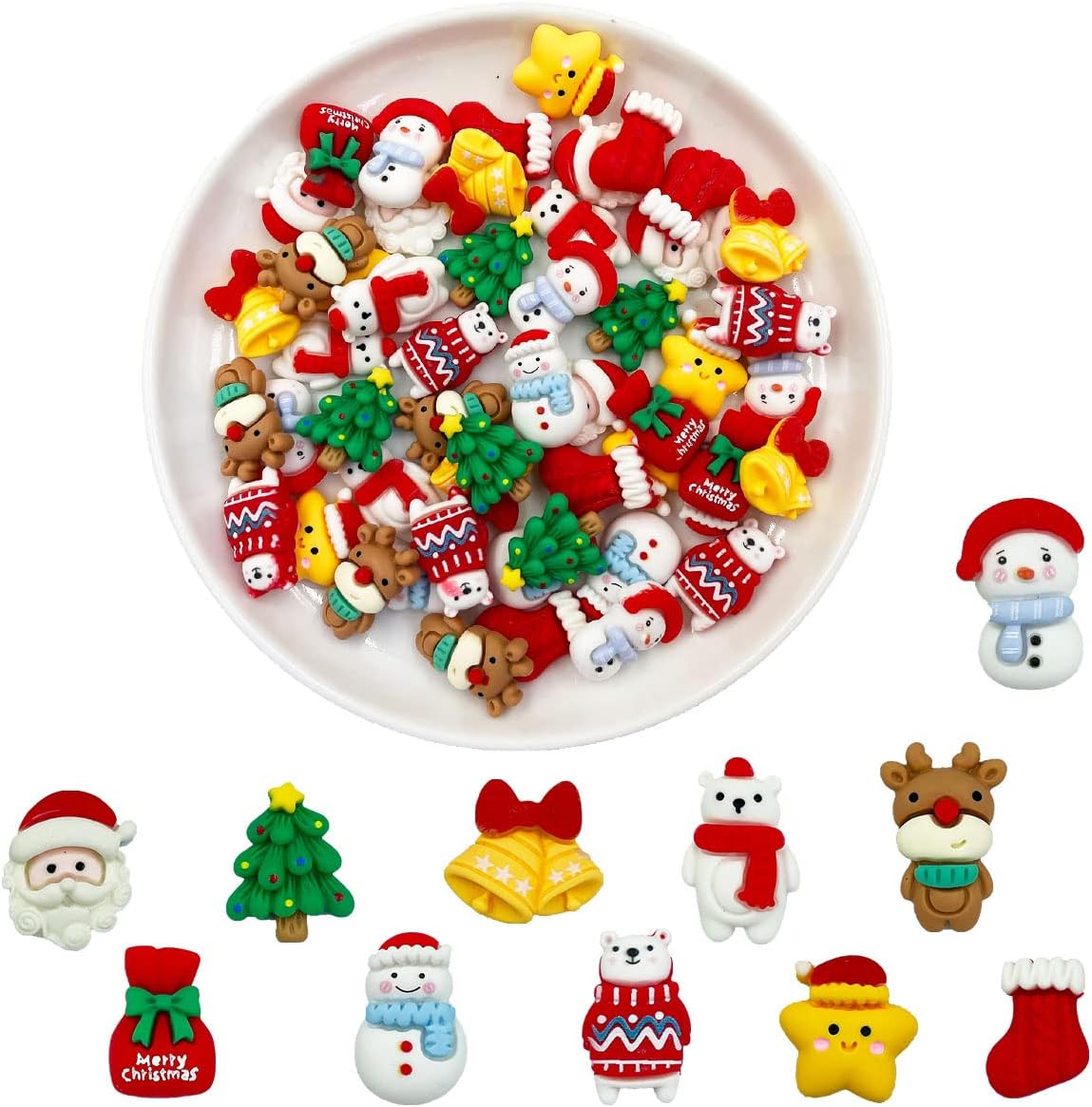 Christmas Resin Charms, 55Pcs Resin Flatback Assorted Button Santa Snowman Tree Bell Deer Cartoon Embellishments Supplies for DIY Scrapbooking Jewelry Cell Phone Case (55 pcs Christmas)