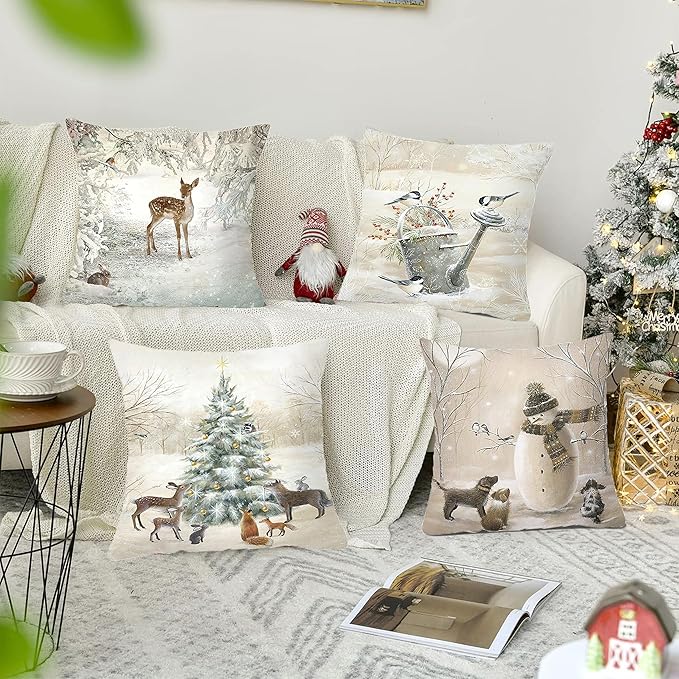 Animals Throw Pillow Cover Christmas - 18 x 18 Inch Pet Snowman Vase Deer Dog Rabbit Bird Xmas Tree Pillow Case - Set of 4 Square Winter Snowfield Pillowslip, Great for Sofa, Patio, bedroom Decor