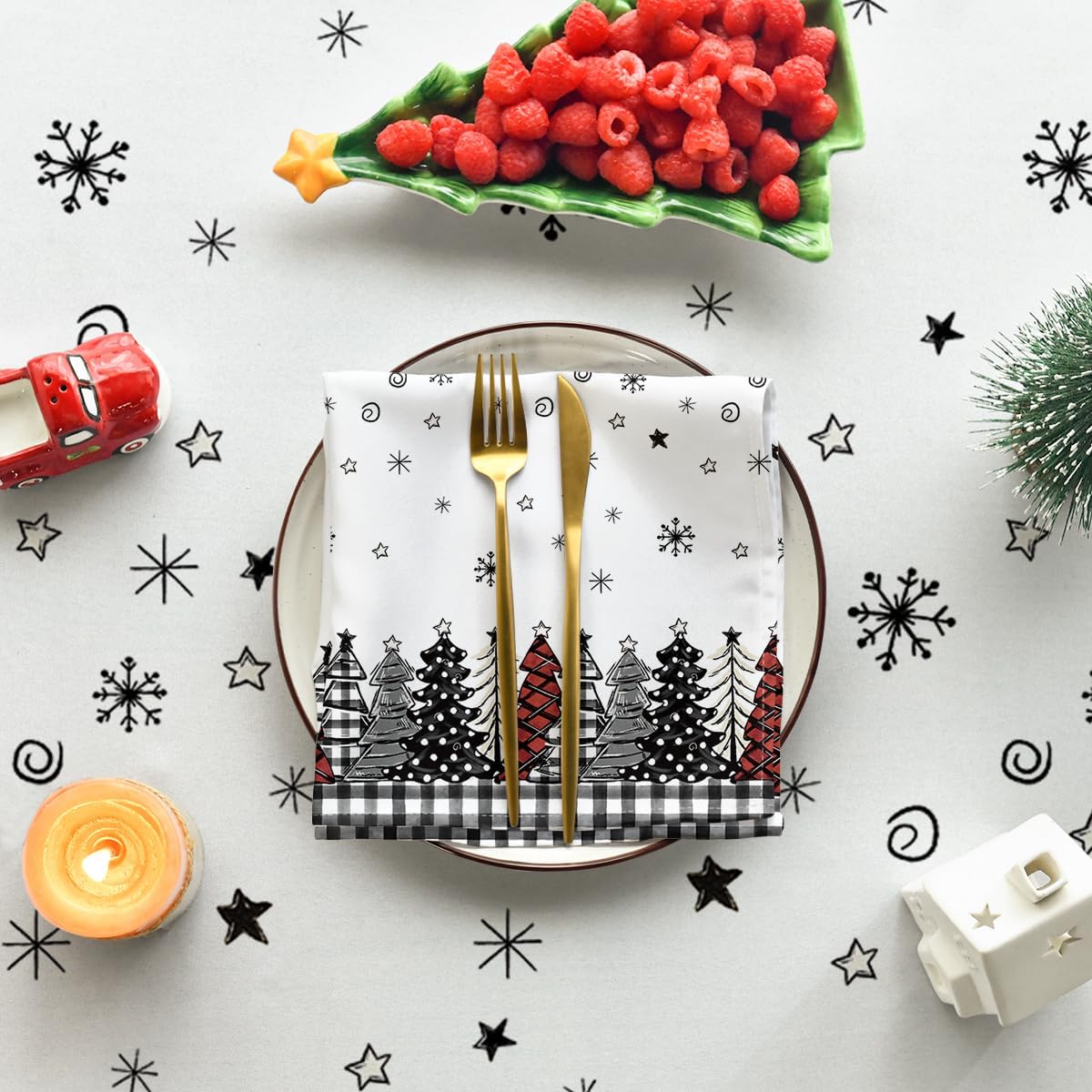 Christmas Tablecloth 60×84 Inch Rectangular, Christmas Trees Buffalo Plaid Black Washable Table Cover for Party Picnic Dinner Decor