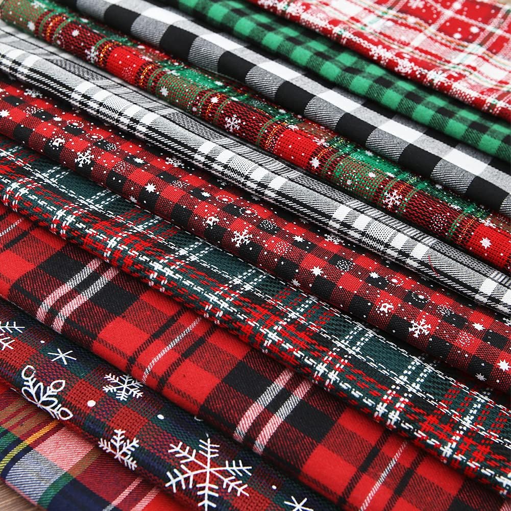 10 Pcs Christmas Plaid Bundles Quilting Fabric,16 x 20 inches Rectangle Cloth Red Green Grid Snowflake Patchwork Fabric Scraps for Christmas Decortion Candy Gift Wrapping Sewing Work DIY Craft