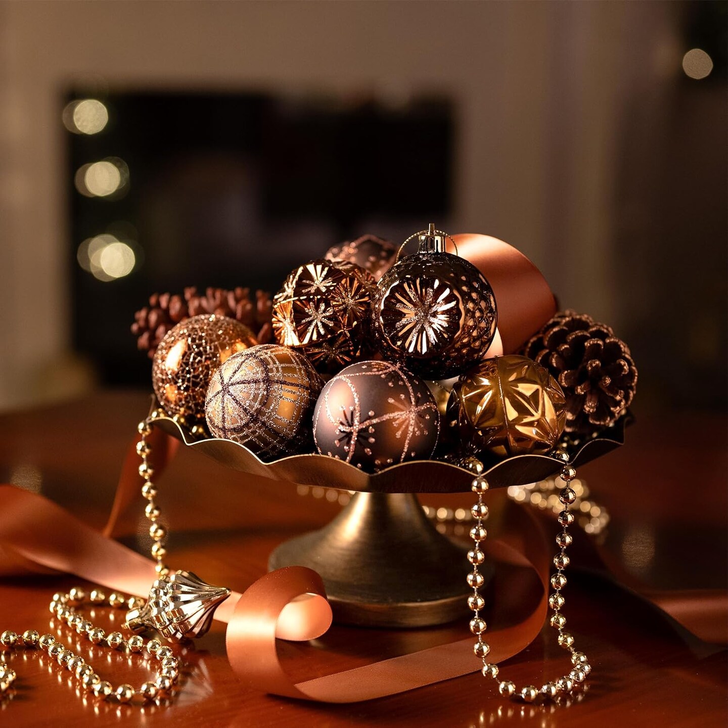 Fall Ornaments for Christmas Trees, 16ct Bronze Copper Brown Gold Shatterproof Fall Christmas Tree Decorations, 2.36 Inches Luxury Hanging Ball Ornaments for Thanksgiving Autumn Harvest