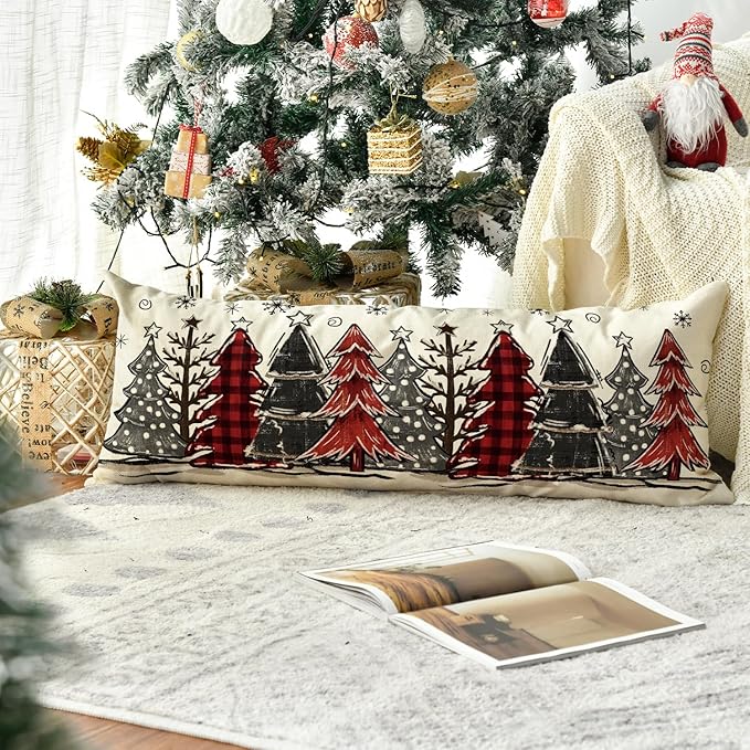 Red and Black Buffalo Plaid Christmas Trees Long Lumbar Pillow Cover 14 x 36 Inch, Winter Holiday Long Body Pillow Case for Bed Sofa Bench