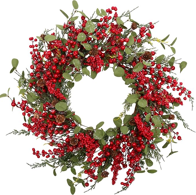 20 Inch Christmas Wreath for Front Door Artificial Xmas Door Wreath for Indoor Outdoor Christmas Decorations Snowy Winter Wreath with Pine Needles Pinecones Red Berries for Holiday Xmas Decor