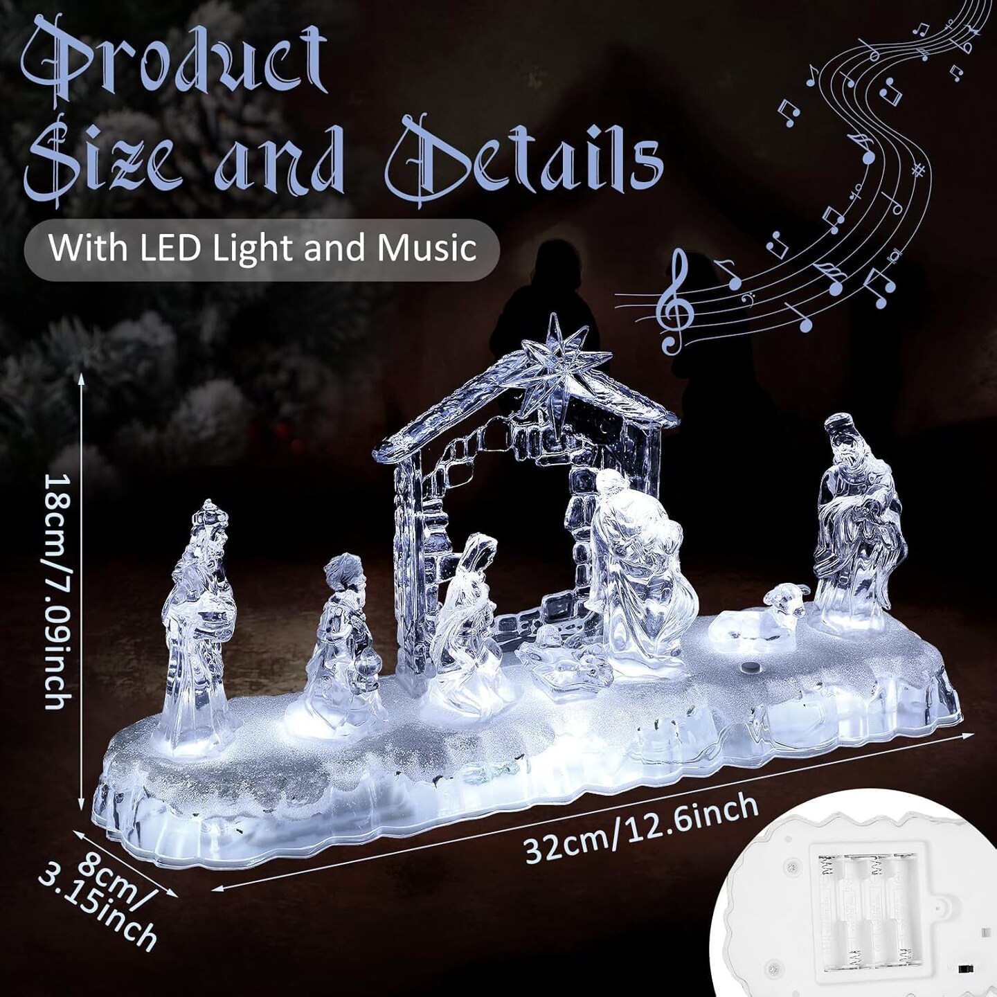 13 Inch Nativity Sets Indoor Decor for Christmas LED Acrylic Clear Lighted Musical Nativity Scene People Set Decorations for Xmas Home Table Shelf Christmas Religious Gift