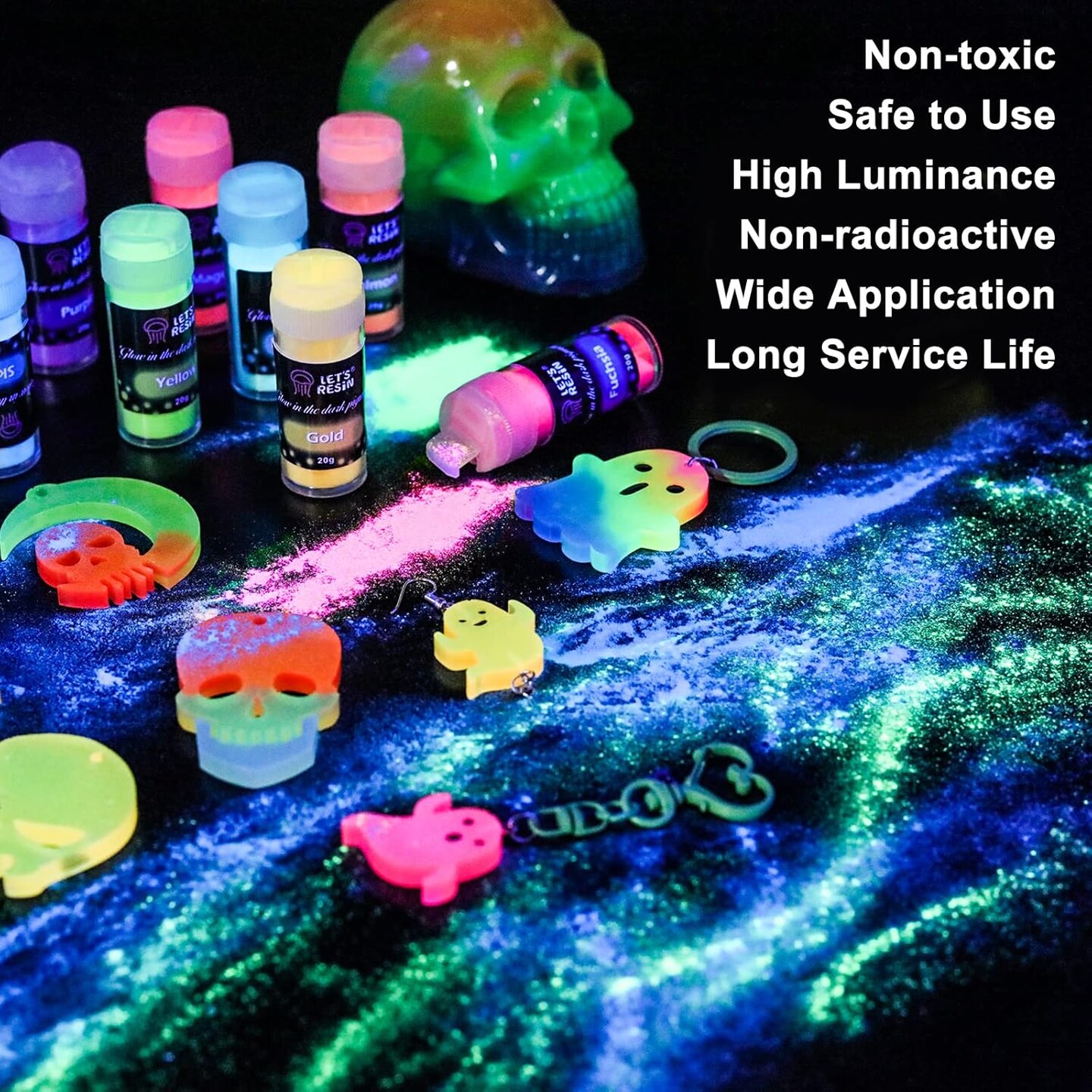 LET&#x27;S RESIN 12 Colors Glow in The Dark Pigment Powder - 20g/0.7oz Each Bottle Epoxy Resin Luminous Pigments Long Lasting for Slime, Nails, Acrylic Paint, Halloween Decoration,Art,Crafts