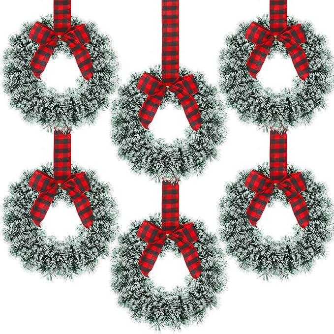 6 Pcs Christmas Wreaths with Bow 10.24 Inch Buffalo Plaid Tinsel Wreaths Crafts Kitchen Wreaths for Front Door Outdoor Cabinet Home Window Wall Xmas Wreath Hanging Decorations (Red and Black)