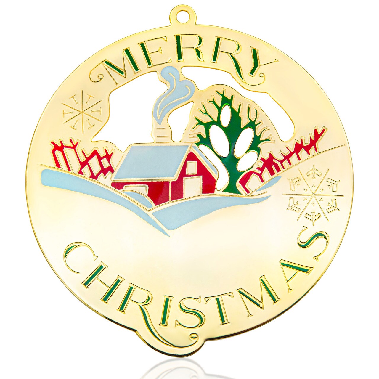 Gloria Duchin Merry Christmas Colorful Winter Scene on Gold Metal Christmas Tree Ornament