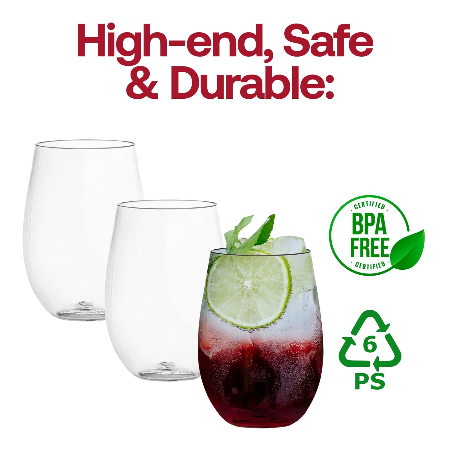 Clear Elegant Stemless Disposable Plastic Wine Glasses - 16 oz. (64 Glasses)