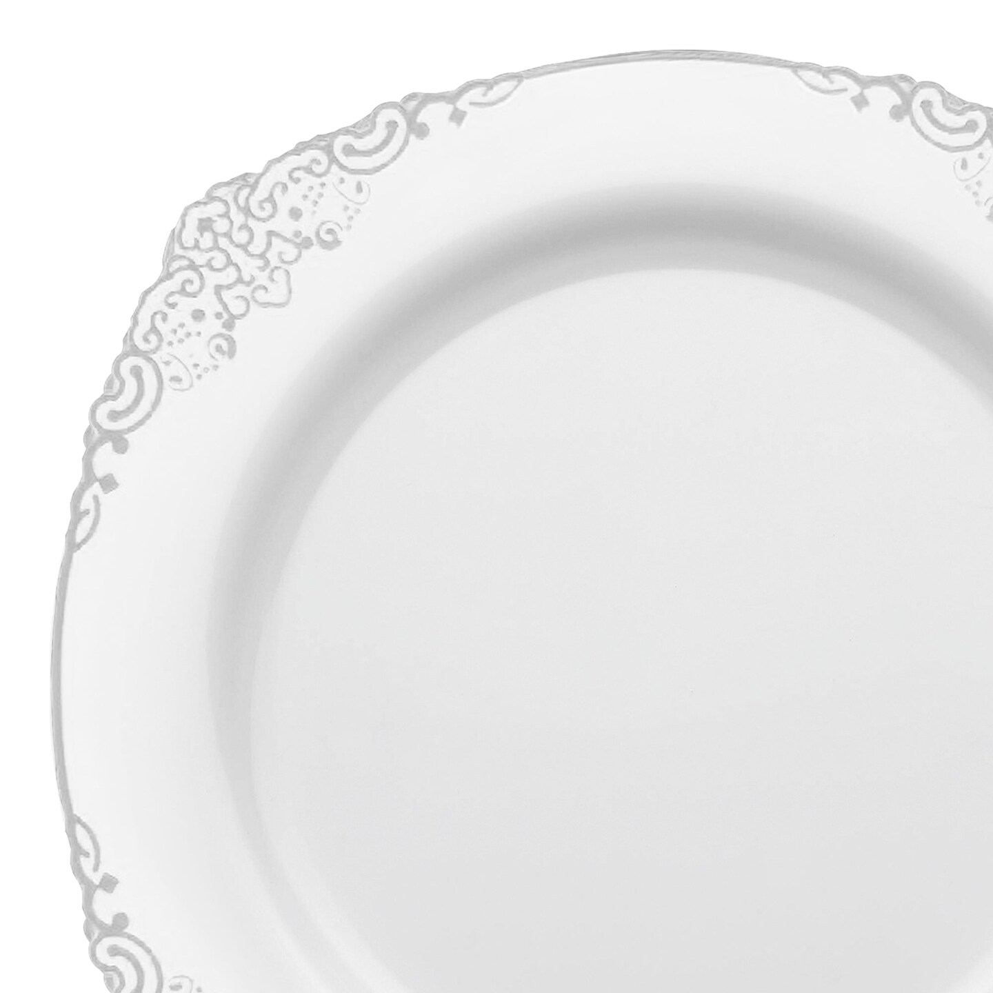 White with Silver Fancy Round Disposable Plastic Dinner Plates - 10.25" (120 Plates)