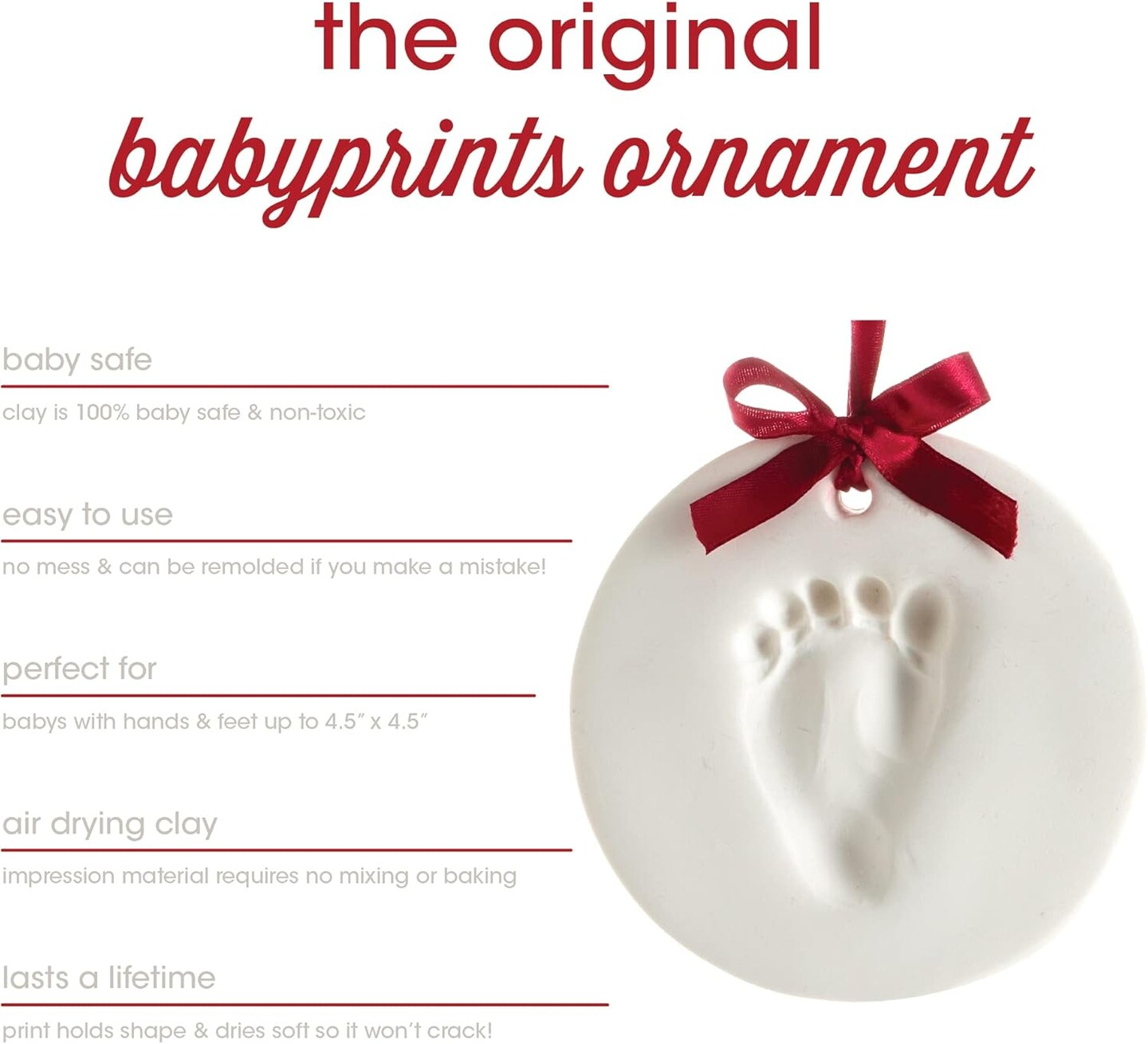 Babyprints Christmas Ornament, Baby&#x27;s First Christmas Holiday Keepsake, Newborn Handprint or Footprint Clay Kit, Easy No-Bake DIY Clay Impression, Gender-Neutral Christmas Baby Gift