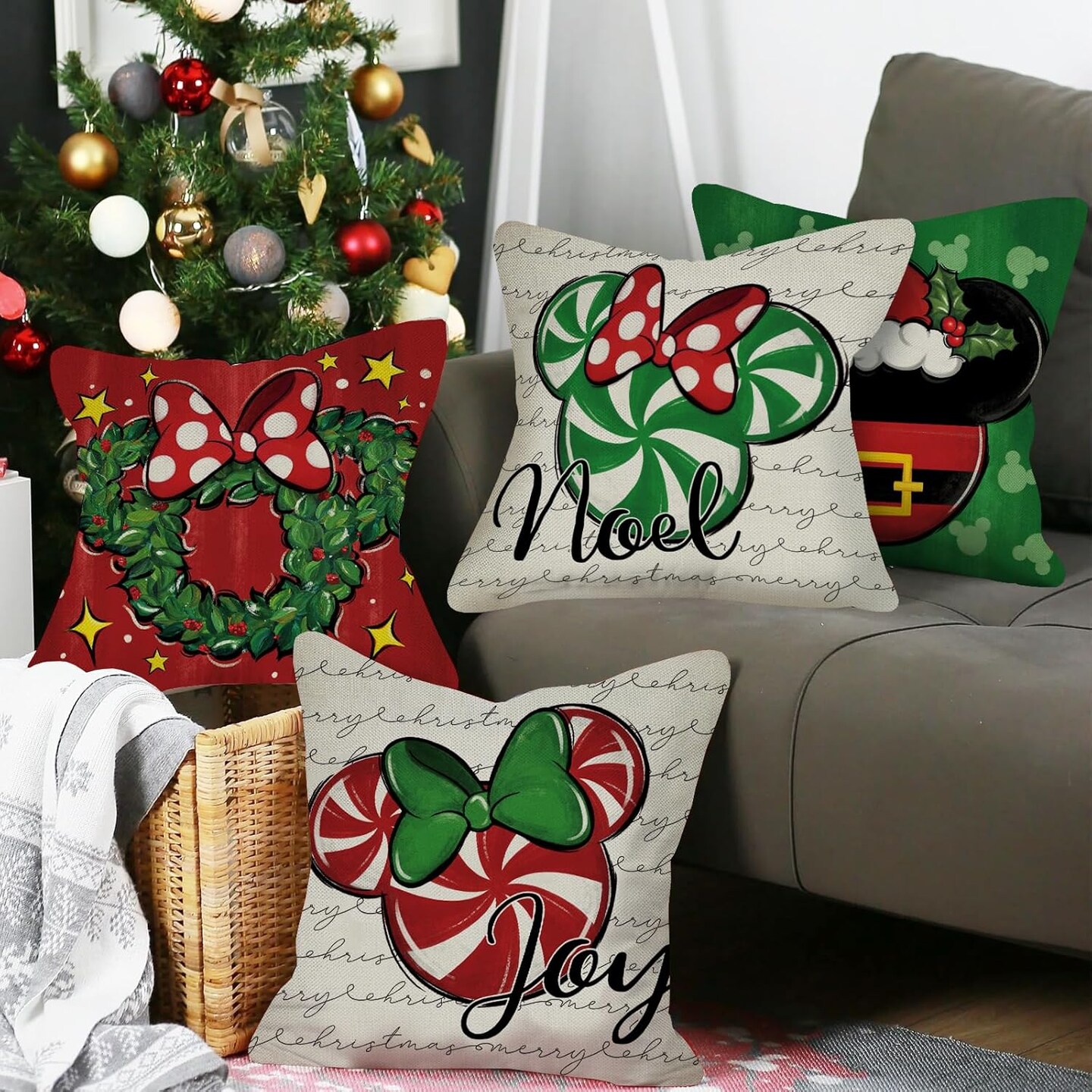 Merry Christmas Decorative Throw Pillow Covers 18 x 18 Set of 4, Xmas Candy Cane Wreath Red Green Bow Cushion Case Decor, Noel Joy Winter Holiday Farmhouse Home Sofa Couch Decoration