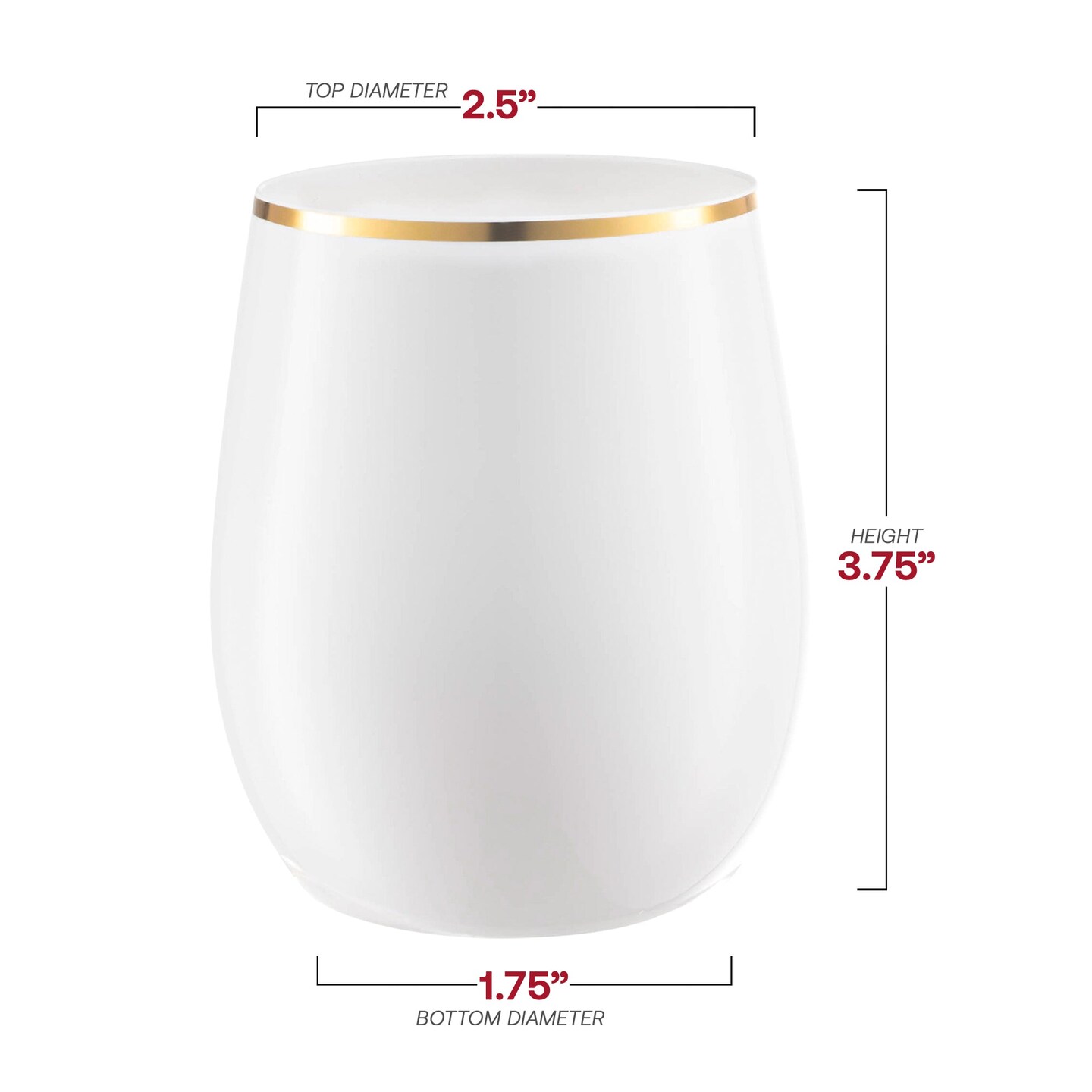 White with Gold Elegant Stemless Plastic Wine Glasses - 12 oz. (64 Glasses)