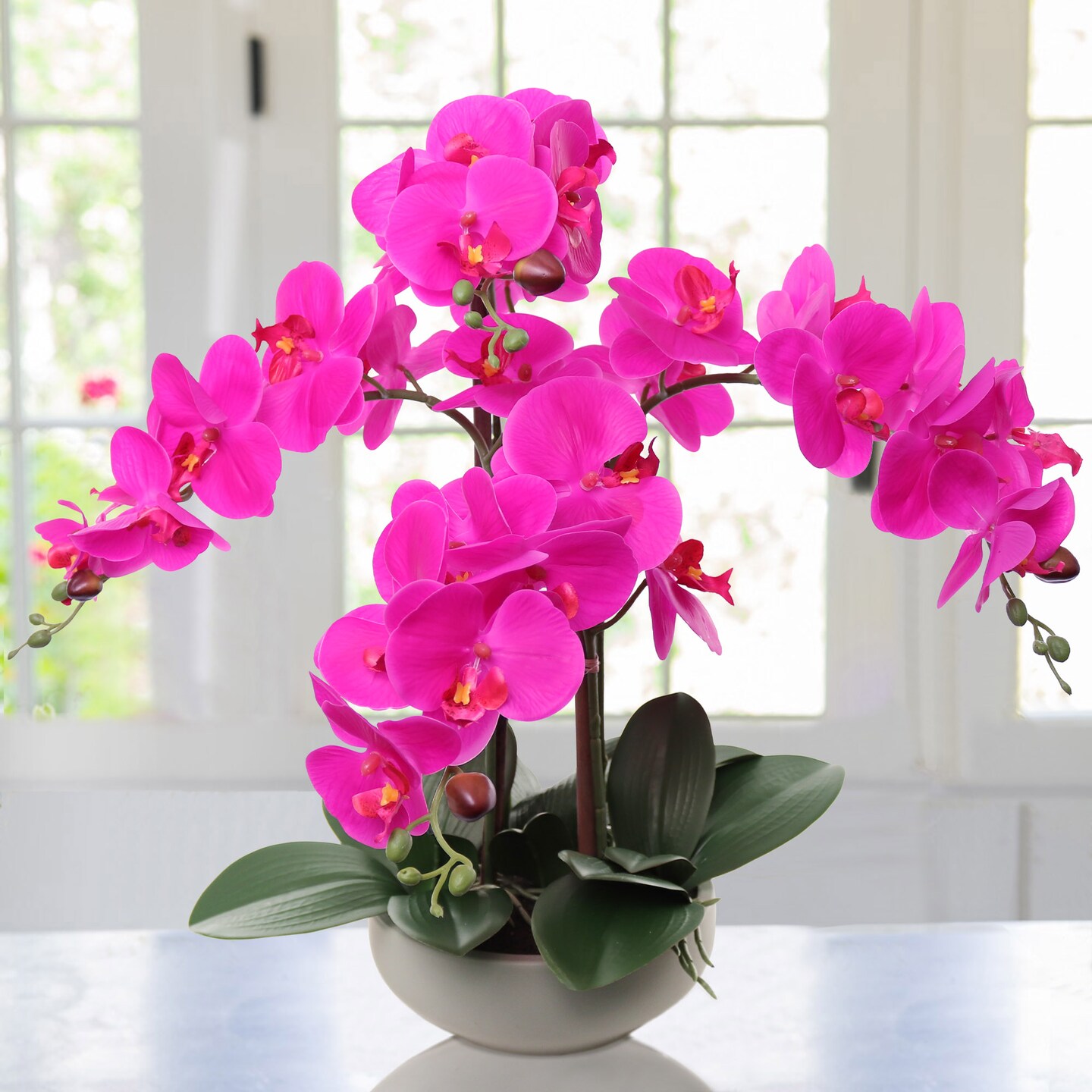 20" Fuchsia Phalaenopsis Orchid in Round Grey Pot – Beautiful Artificial Flowers with Natural Leaf Details, Elegant Decor for Homes, Offices, and Special Occasions