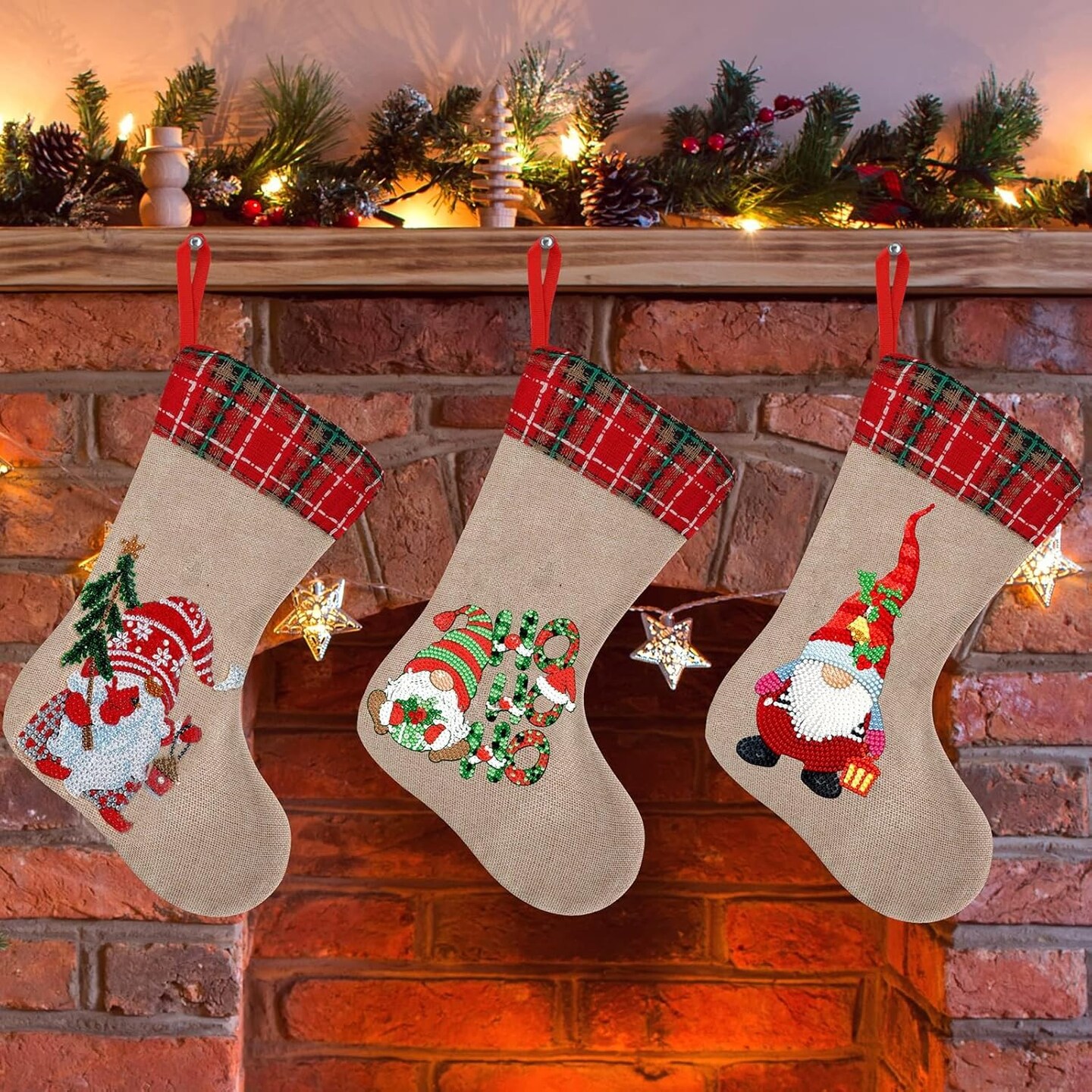 3 Pcs Christmas Diamond Art Stockings 5D DIY Gnomes Diamond Art Christmas Candy Storage Fireplace Hanging Stocking Personalized Present Stockings Christmas Gnomes Decorations for Holiday Favor
