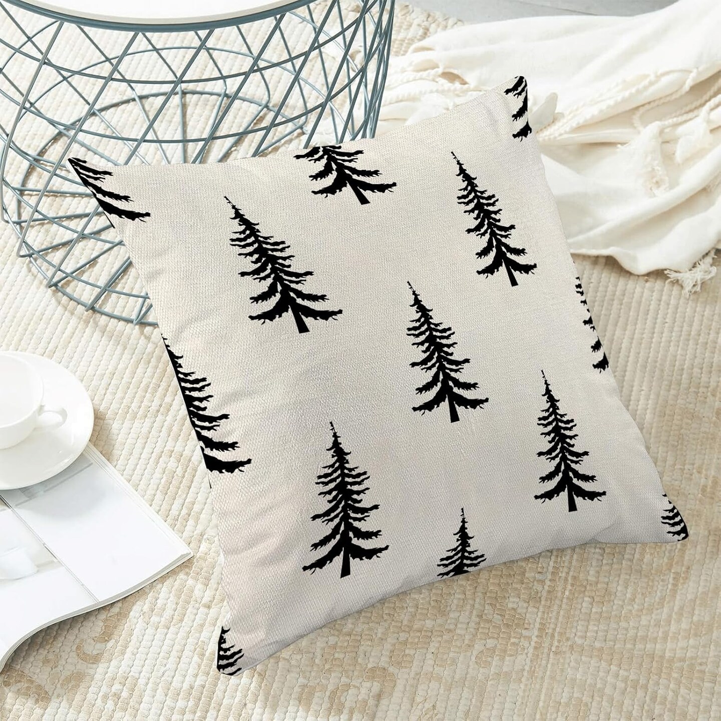 Christmas Pillow Covers 18x18 Inch Set of 2 Cream Black Christmas Tree Decor Throw Pillows Winter Xmas Holiday Outdoor Cushion Cases for Couch Bed Decorations