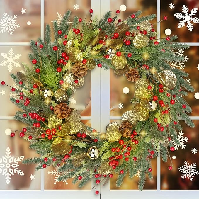 Christmas Wreath with Lights, 22" Battery Operated Lighted Wreath with Timer for Front Door, Pre-lit Artificial Xmas Wreaths with Red Berries, Gold Leaf, Christmas Decorations for Home Window