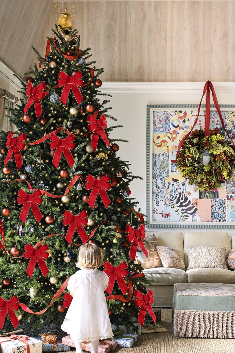 6PCS Red Christmas Velvet Bows, 9" x 12" Christmas Wreath Bow with Golden Edged, Christmas Tree Decor Indoor Outdoor Xmas Decoration for Home Party Tree (6)