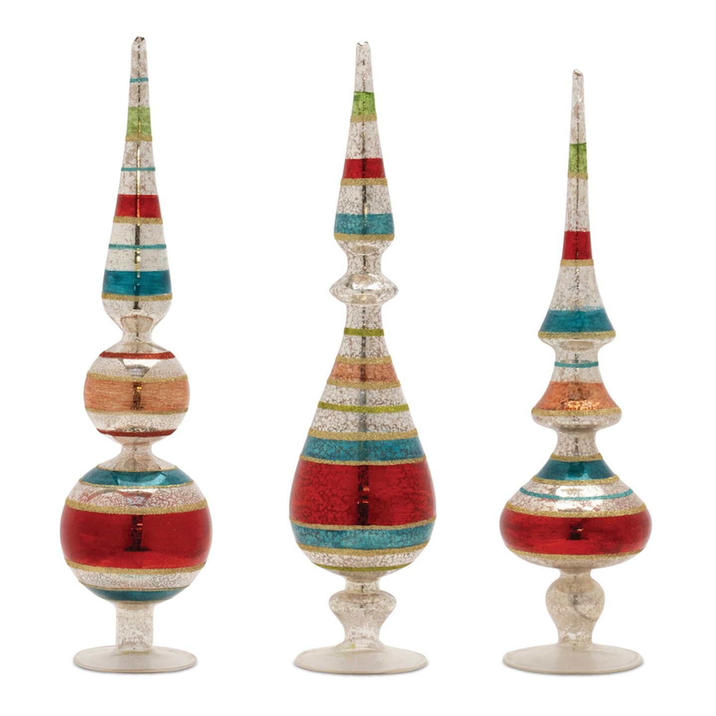 Melrose Striped Mercury Glass Finial Christmas Decoration - 16.5" - Set of 3
