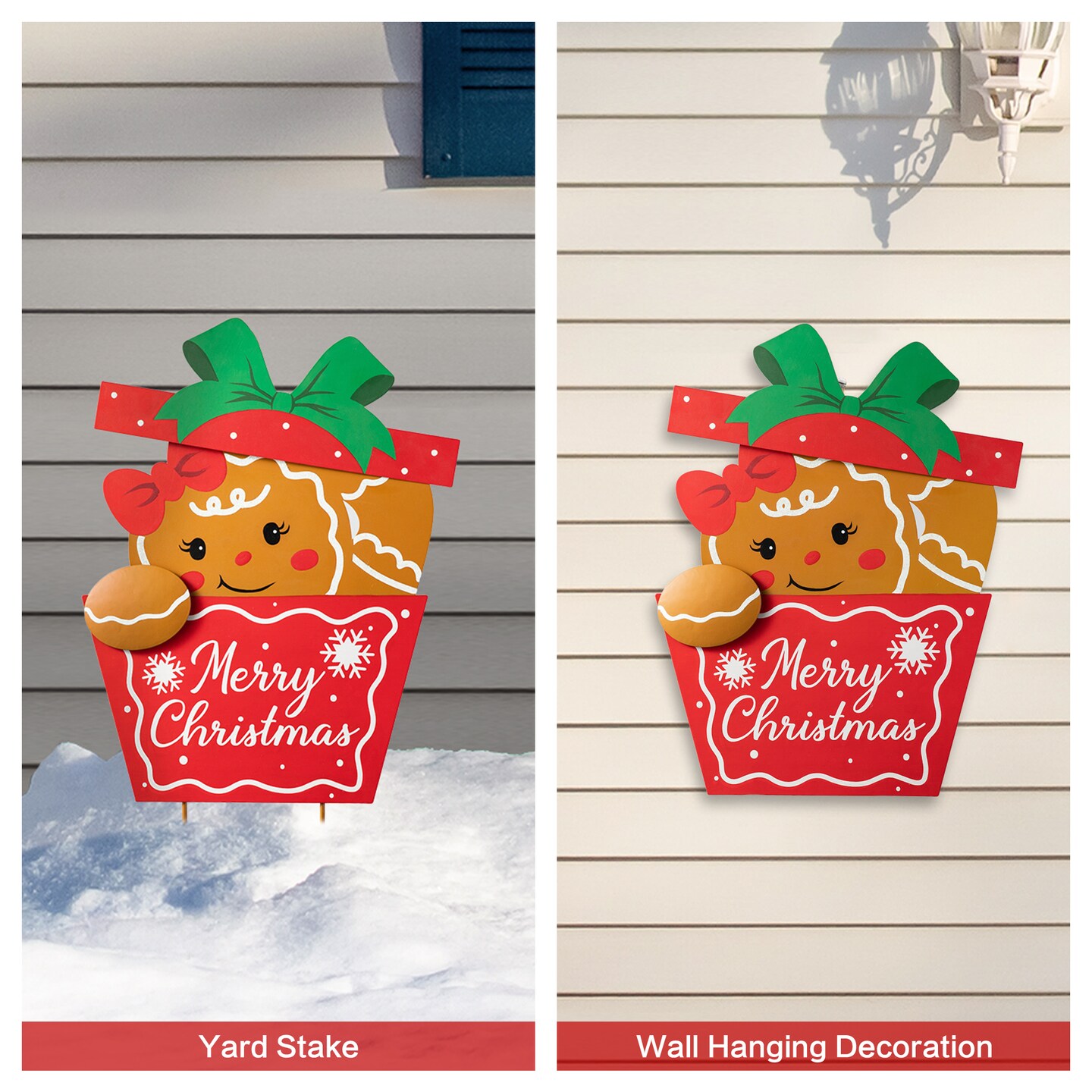 Set of 2 Metal Gingerbread Boy Girl Christmas Yard Stakes Hanging Wall Sign