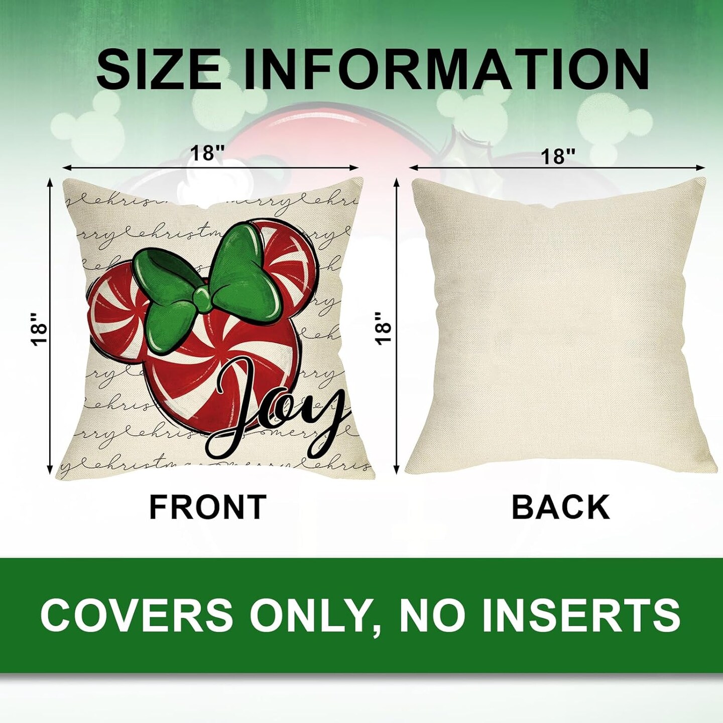 Merry Christmas Decorative Throw Pillow Covers 18 x 18 Set of 4, Xmas Candy Cane Wreath Red Green Bow Cushion Case Decor, Noel Joy Winter Holiday Farmhouse Home Sofa Couch Decoration