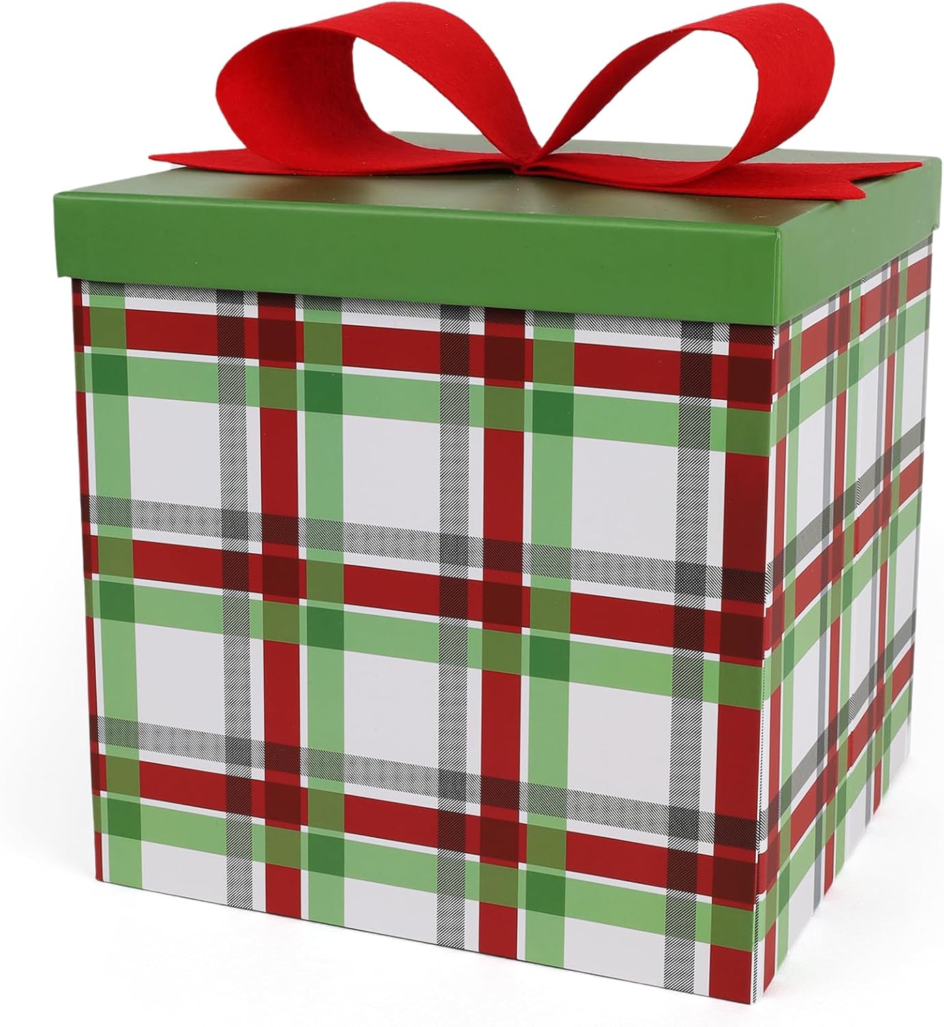 Large Christmas Gift Boxes with Lids,10x10x10 Inches Plaid Design Folding Square Gift Boxes for Christmas Decorative,Xmas,Present,Storage,Red and Green