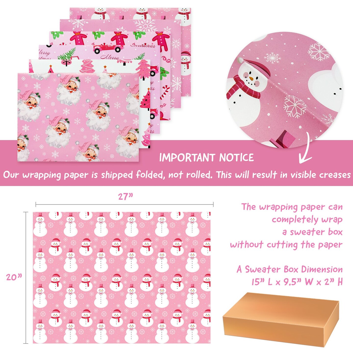 Wrapables Christmas Holiday Gift Wrap Paper Sheets Folded Flat 20L x 27W inches (12 Sheets), Festive Pink