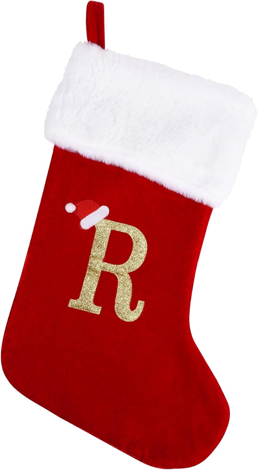 20 Inches Monogram Christmas Stockings with Letters, Large Super Soft Christmas Stockings Red Velvet with White Super Soft Plush Cuff for Christmas Xmas Tree Holiday Fireplace Family Decor Gifts (R)