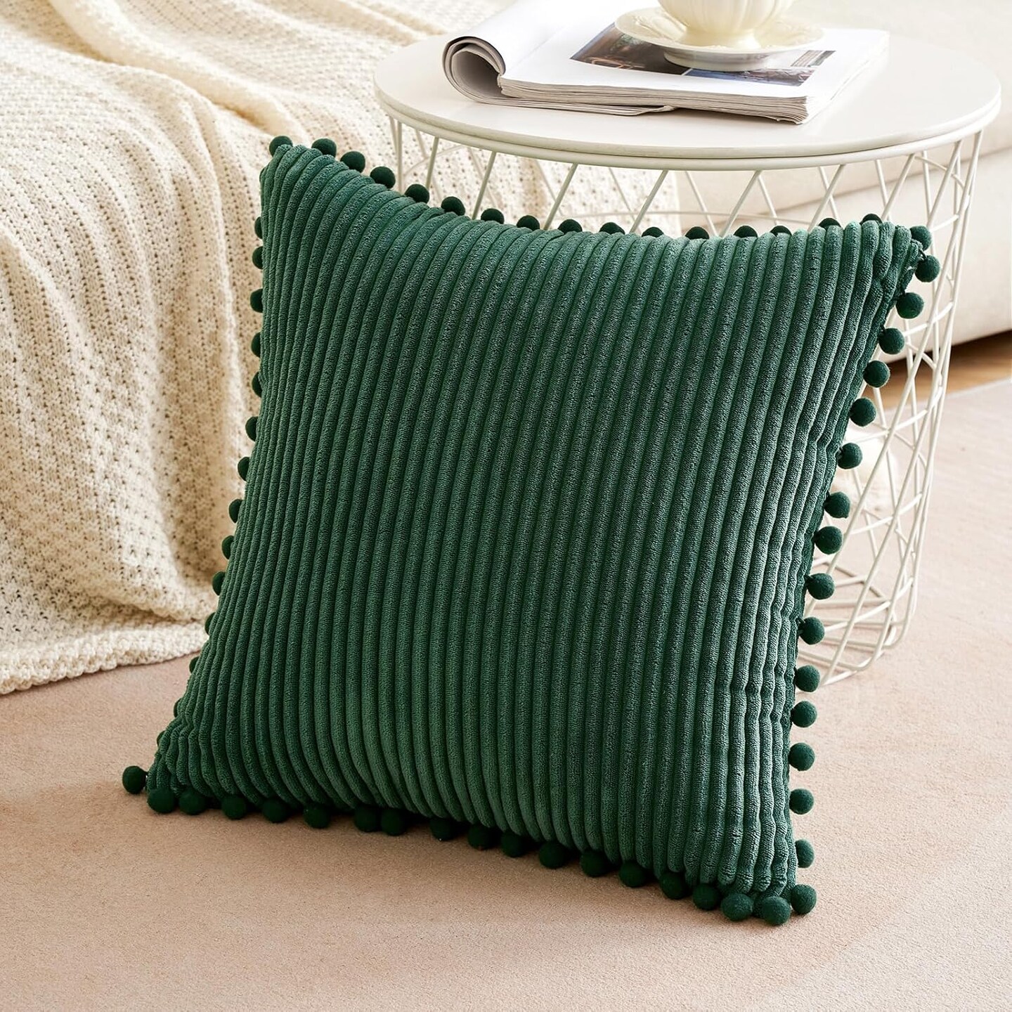 Christmas Boho Decorative Throw Pillow Covers with Pom-poms, Soft Corduroy Square Solid Cushion Cases for Couch Sofa Bedroom, 18x18 inch Dark Green