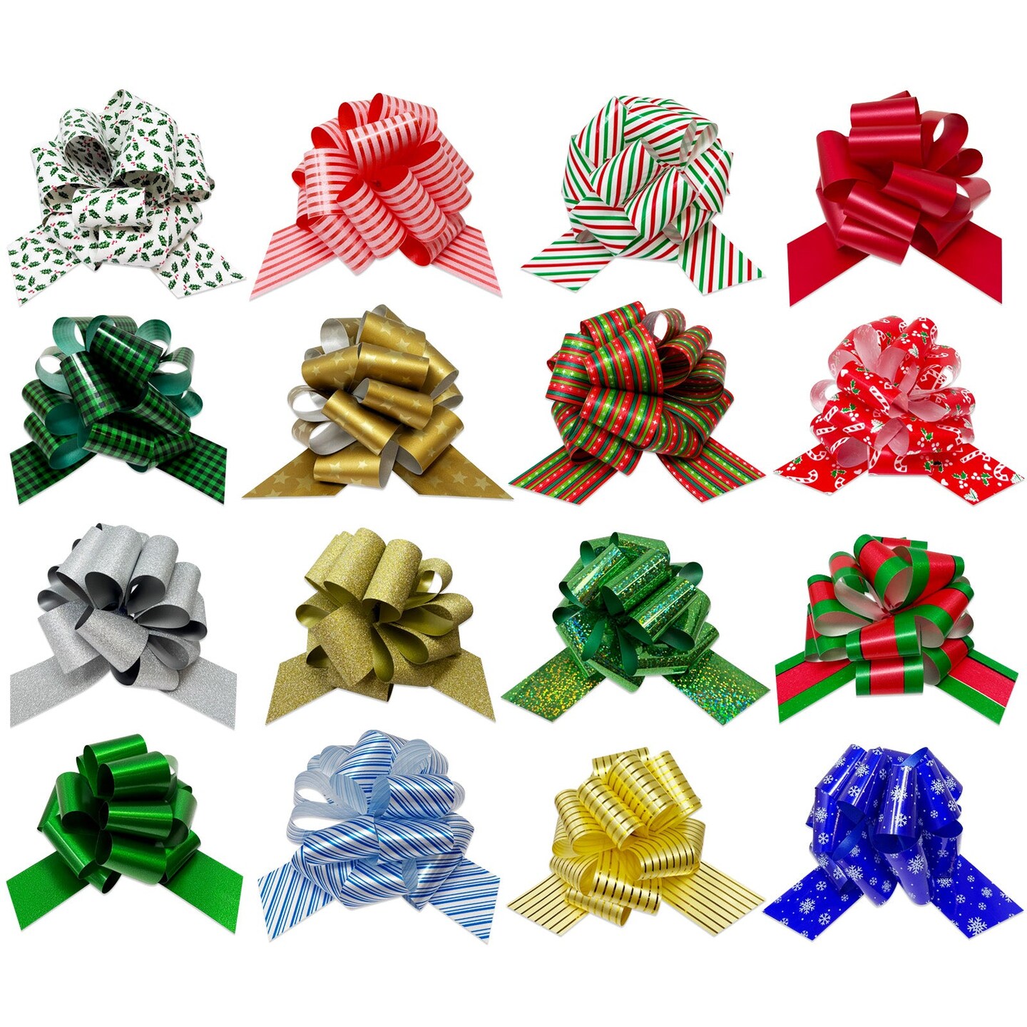Wrapables Large 5 inch Christmas Pull Bows, Ribbon Bows for Gift Wrapping, Xmas Decorations (16pcs), Holiday Colors