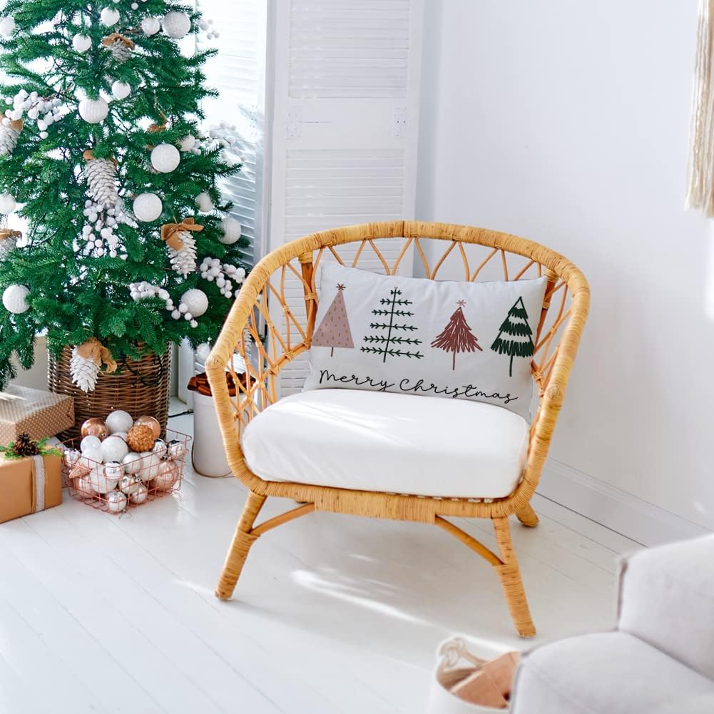 Watercolor Christmas Tree Throw Pillow Cover, 12 x 20 Inch Holiday Merry Christmas Cushion Case Decoration for Sofa Couch