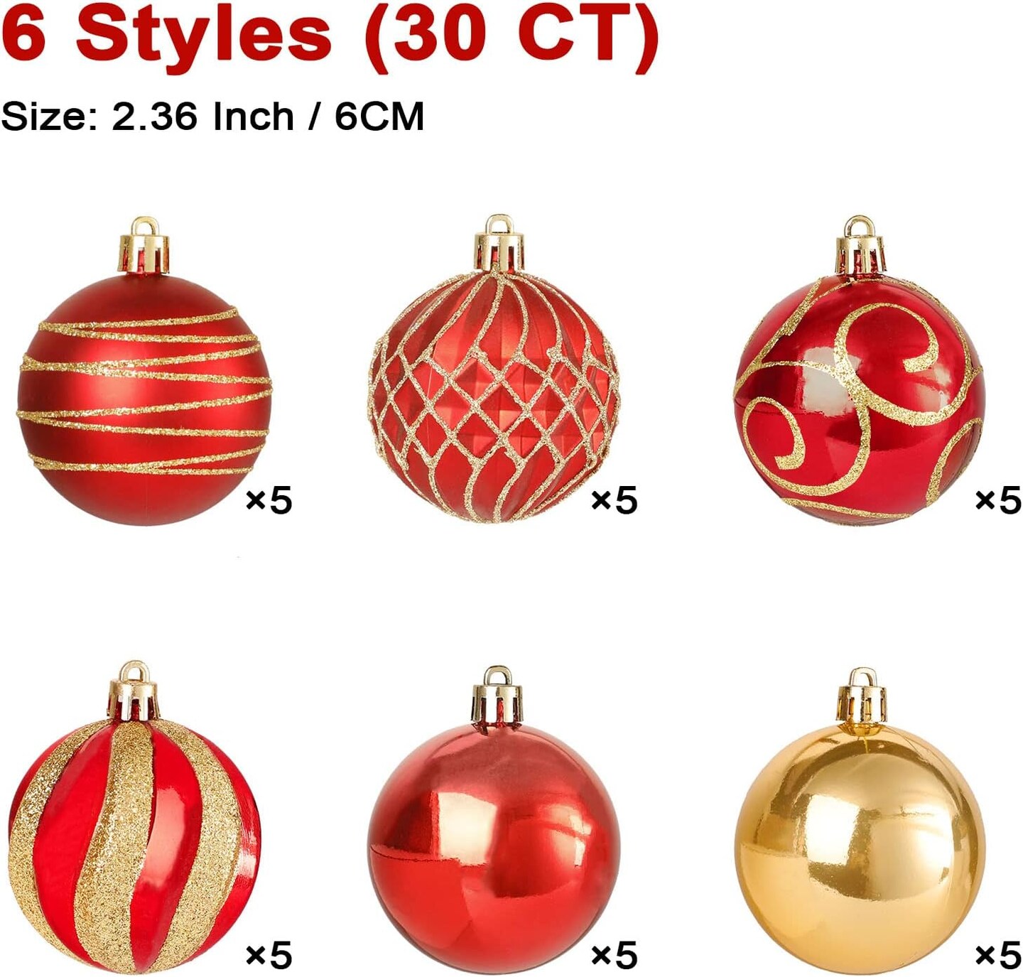 30 PCS Christmas Ball Ornaments Tree Decorations, 60mm/2.36&#x22; Classic Red and Gold Shatterproof Christmas Bulbs Ornaments for Xmas Tree Holiday Wreath Decor