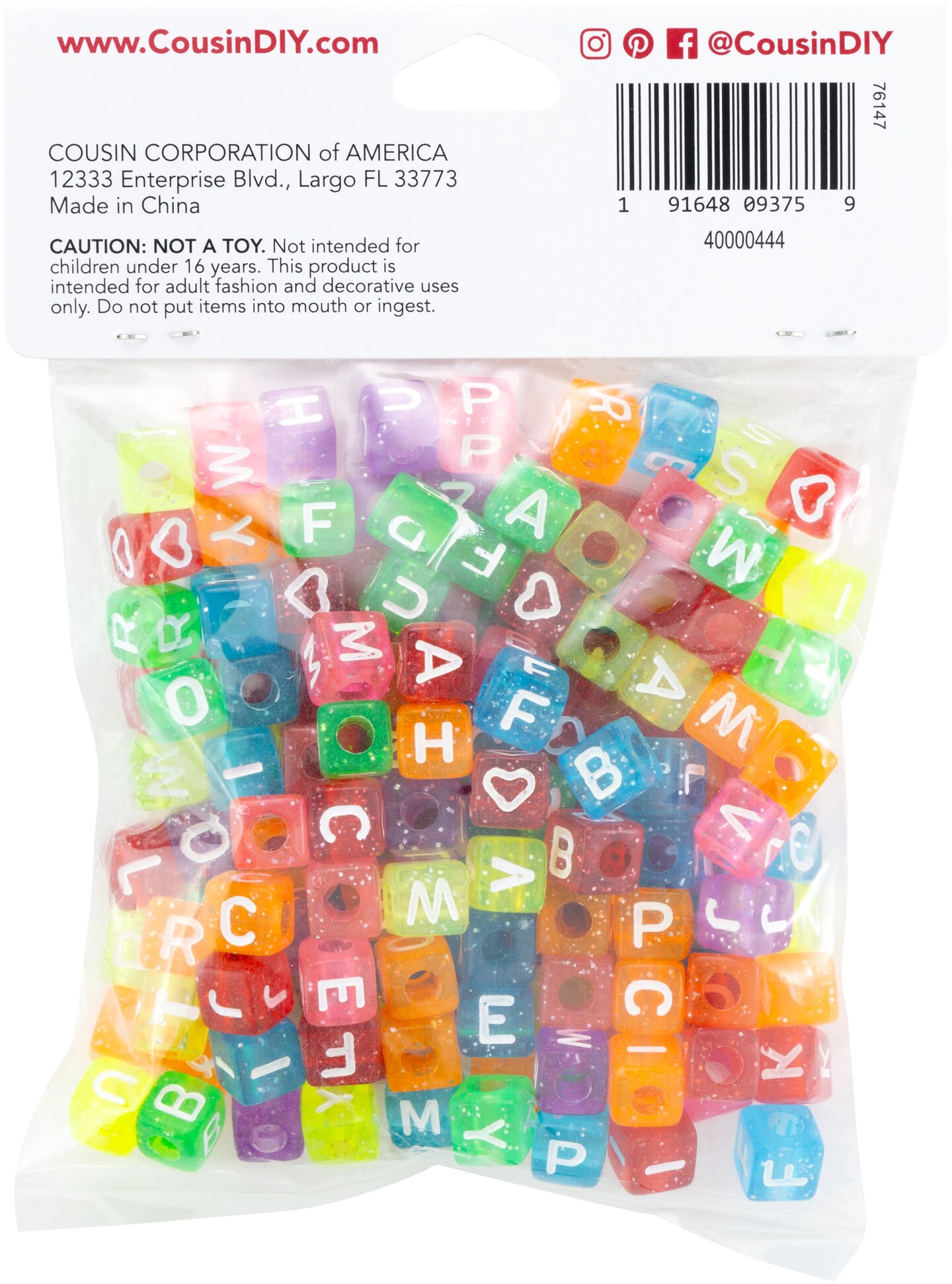 CousinDIY Alphabet Beads 8mm 160/Pkg-Transparent Glitter Multicolored