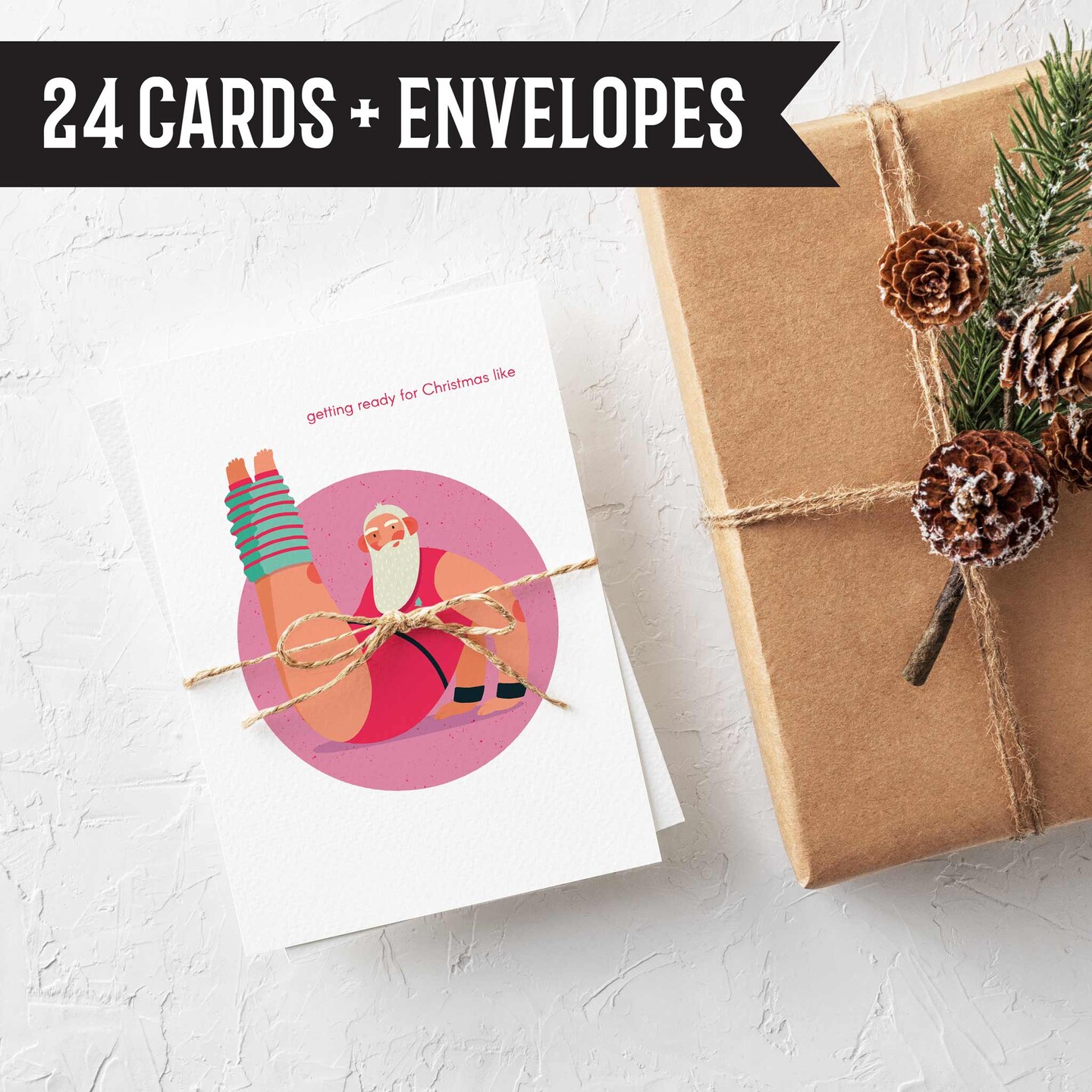 Fitness Santa Christmas Cards - 24-Pack Holiday Greeting Cards with 4 Funny Workout Santa Designs, Perfect for Sharing Merry Christmas & Holiday Wishes with a Playful Twist, Blank Inside for Personalized Messages - Fun and Festive Stationery Set