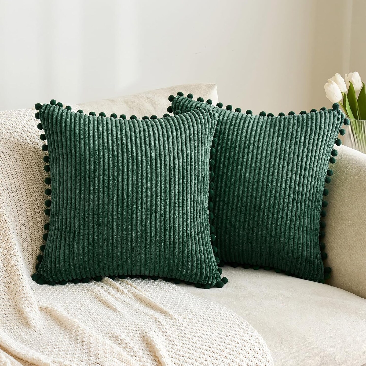 Christmas Boho Decorative Throw Pillow Covers with Pom-poms, Soft Corduroy Square Solid Cushion Cases for Couch Sofa Bedroom, 18x18 inch Dark Green