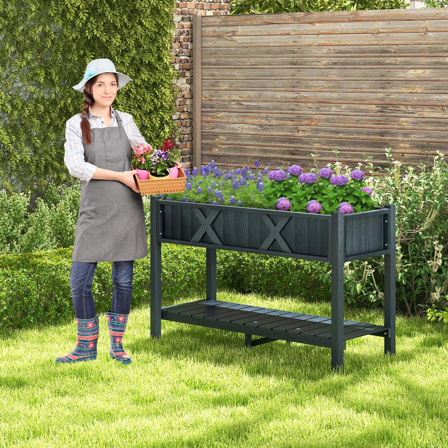 Costway HIPS Raised Garden Bed Poly Wood Elevated Planter Box with Legs, Storage Shelf Blue/Coffee/Black