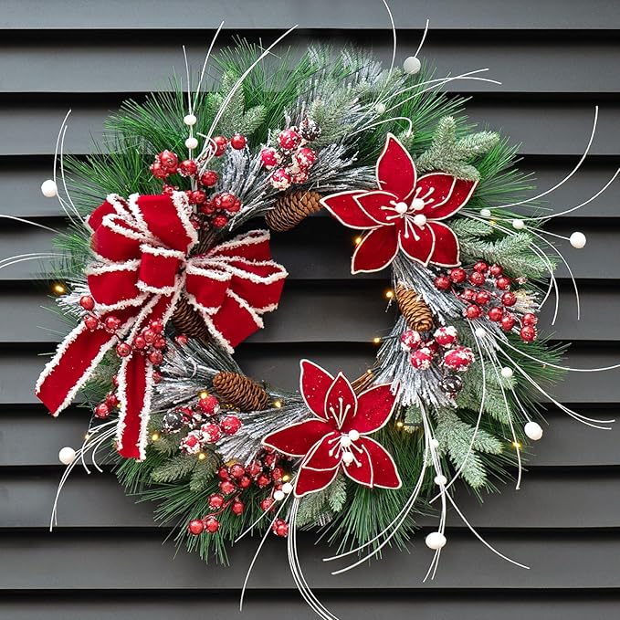 Christmas Wreaths for Front Door, Soomeir Prelit Poinsettia Christmas Wreath with Lights, Berries and Velvet Bow, Lighted Wreath for Holiday Winter Window Outdoor Indoor Xmas