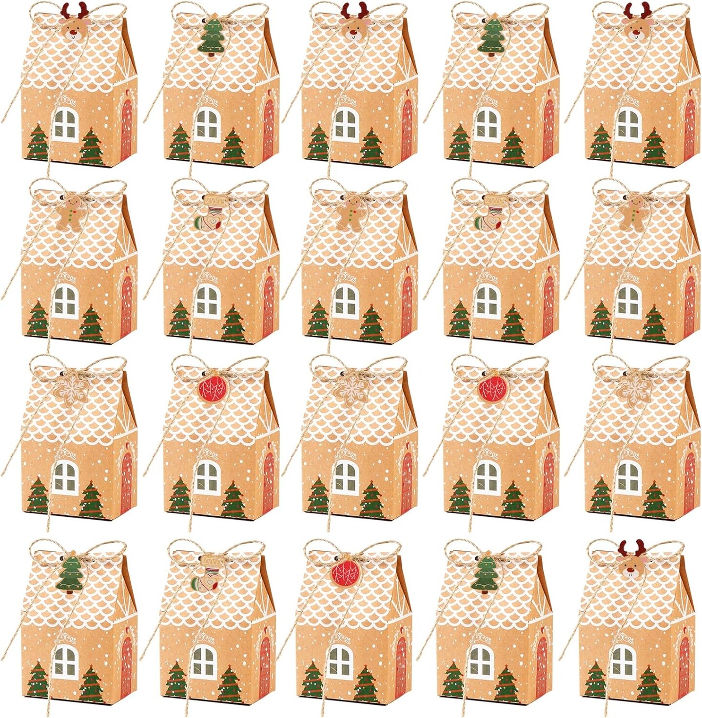 Small Christmas Treat Boxes 20Pcs Christmas Candy Cookie Boxes with 24 Ornaments Tags, Mini Christmas Party Gift Boxes Kraft Paper Gift Wrap Bags for Xmas Party Favors Gifts Wrapping