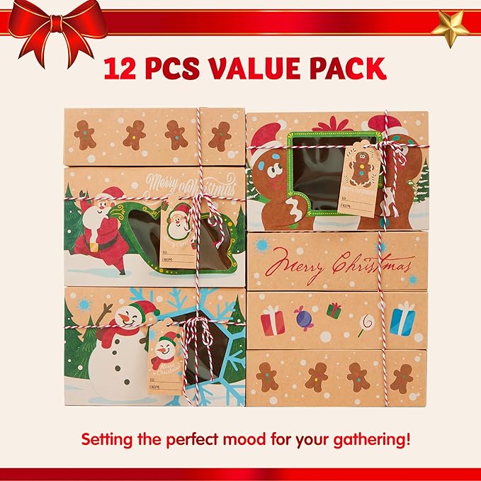 24 PCS Christmas Cookie Gift Baking Box 8.75&#x22; x 5.75&#x22; x 2.75&#x201D; with Window Auto-Popup for Pastries, Cupcakes, Cookies, Brownies, Donuts Gift-Giving
