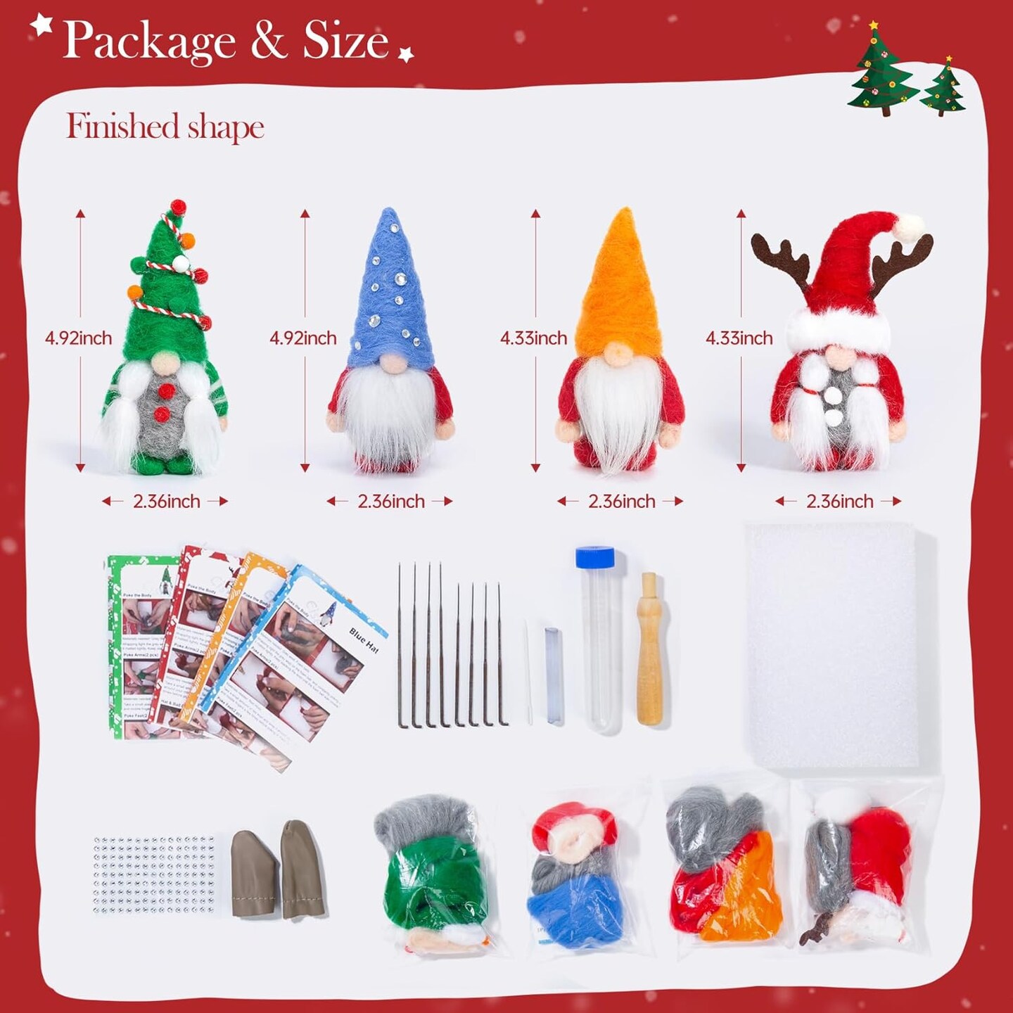 Needle Felting Kit - 4 Pcs Christmas Gnome Needle Felting Kits for Beginners, Needle Felting Starter Kit with Basic Felt Tools, DIY Wool Needle Felting Supplies for Christmas Festival Crafts